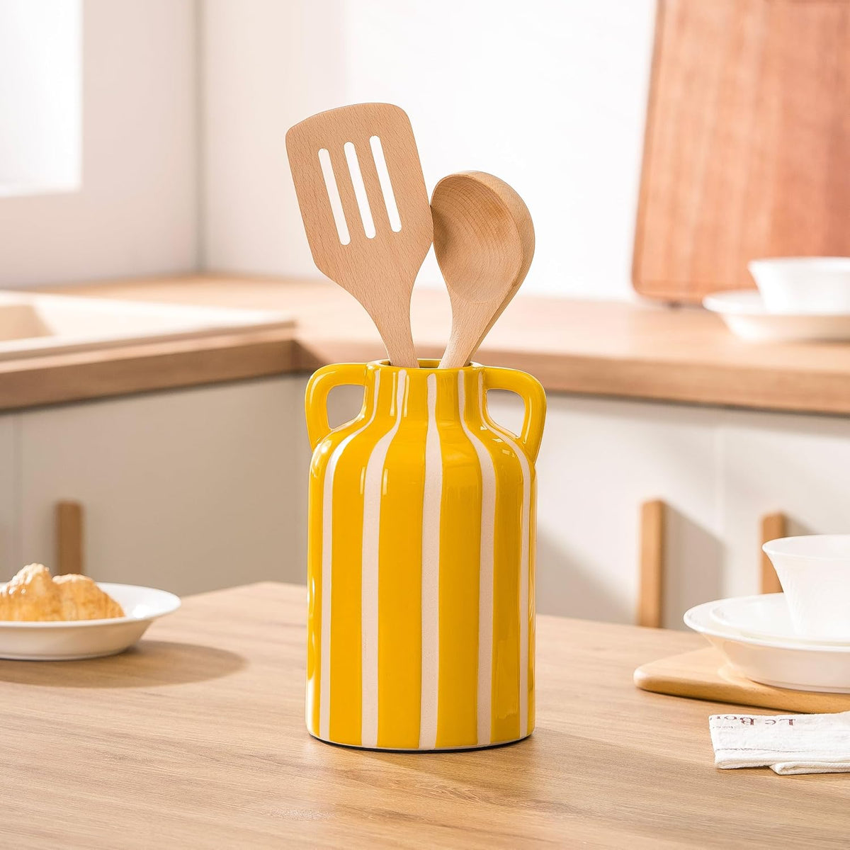 SURE YUESI Yellow Ceramic Vase with Handles, Modern Farmhouse Striped Decorative Vase, 9.1" Art Deco Tall Flower Vases for Pampas Grass, Shelf Decor, Dining Table Centerpiece, Living Room Home Decor