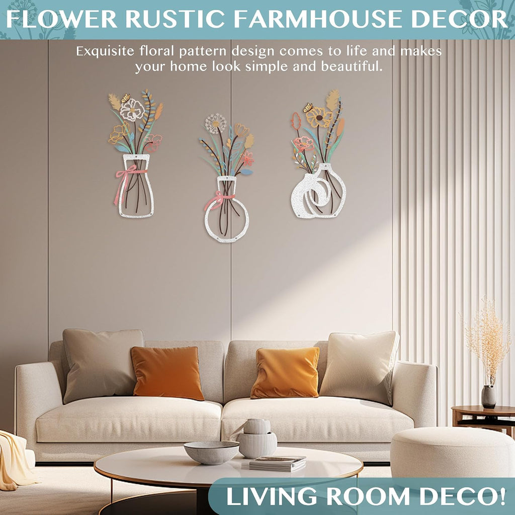 Metal Flowers Wall Decor for Living Room,Boho Floral Wall Art for Kitchen,Rustic Work for Farmhouse,Living Room,Bathroom,Laundry Room,Office,3D Flower Bow Butterfly Sculptures-Housewarming Gifts,3PCS