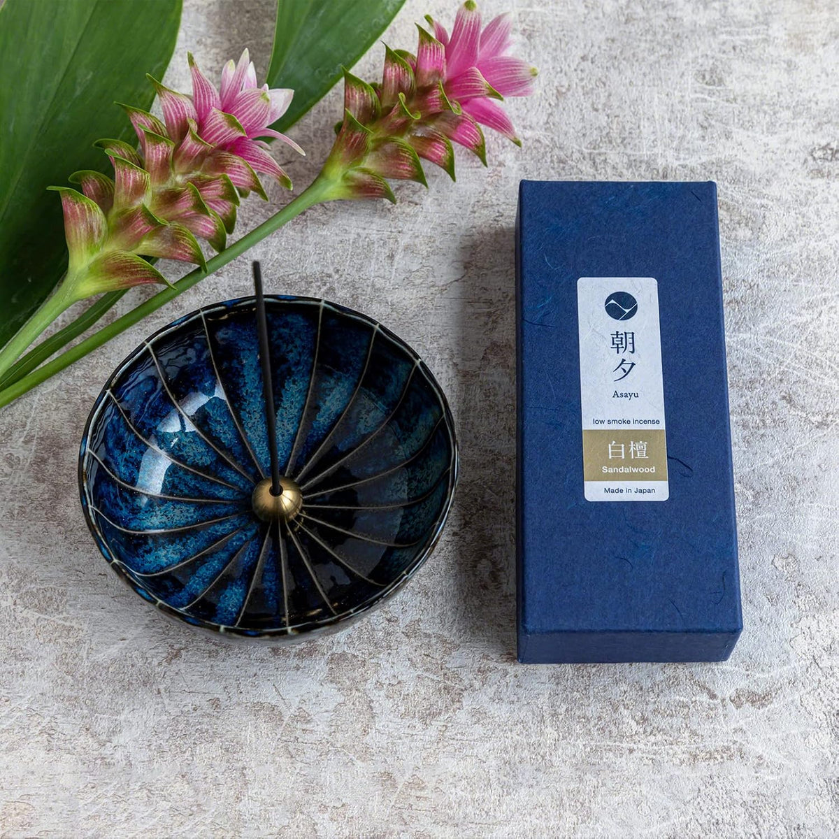 Asayu Japan Sandalwood Incense Gift Set with Navy Blue Lotus Holder