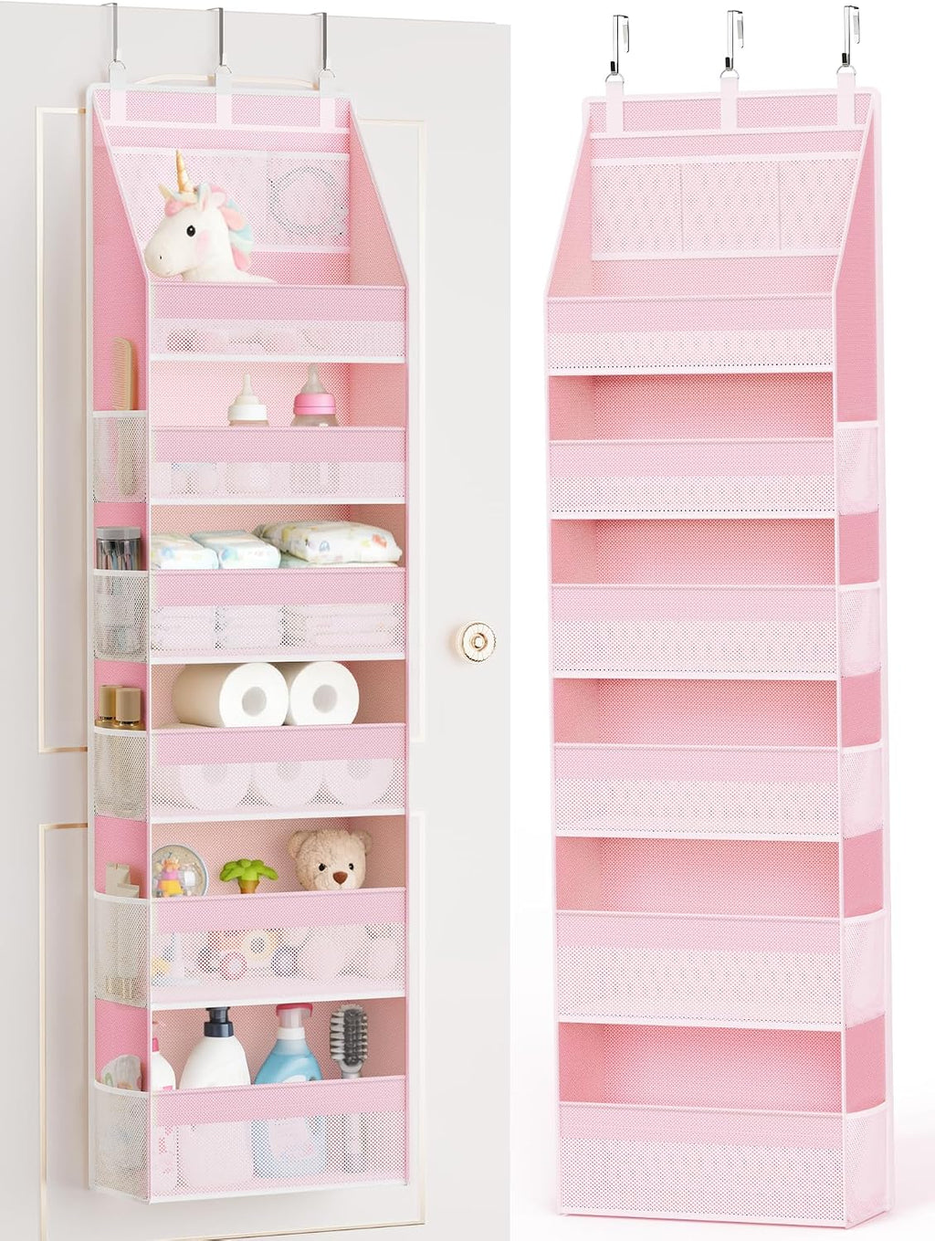 Criusia Over the Door Organizer, 6-Shelf Closet Hanging Storage with 13 Mesh Pockets, 55lbs Capacity Behind the Door Storage for Baby Nursery, Bathroom, Bedroom, and Dorm, Pink
