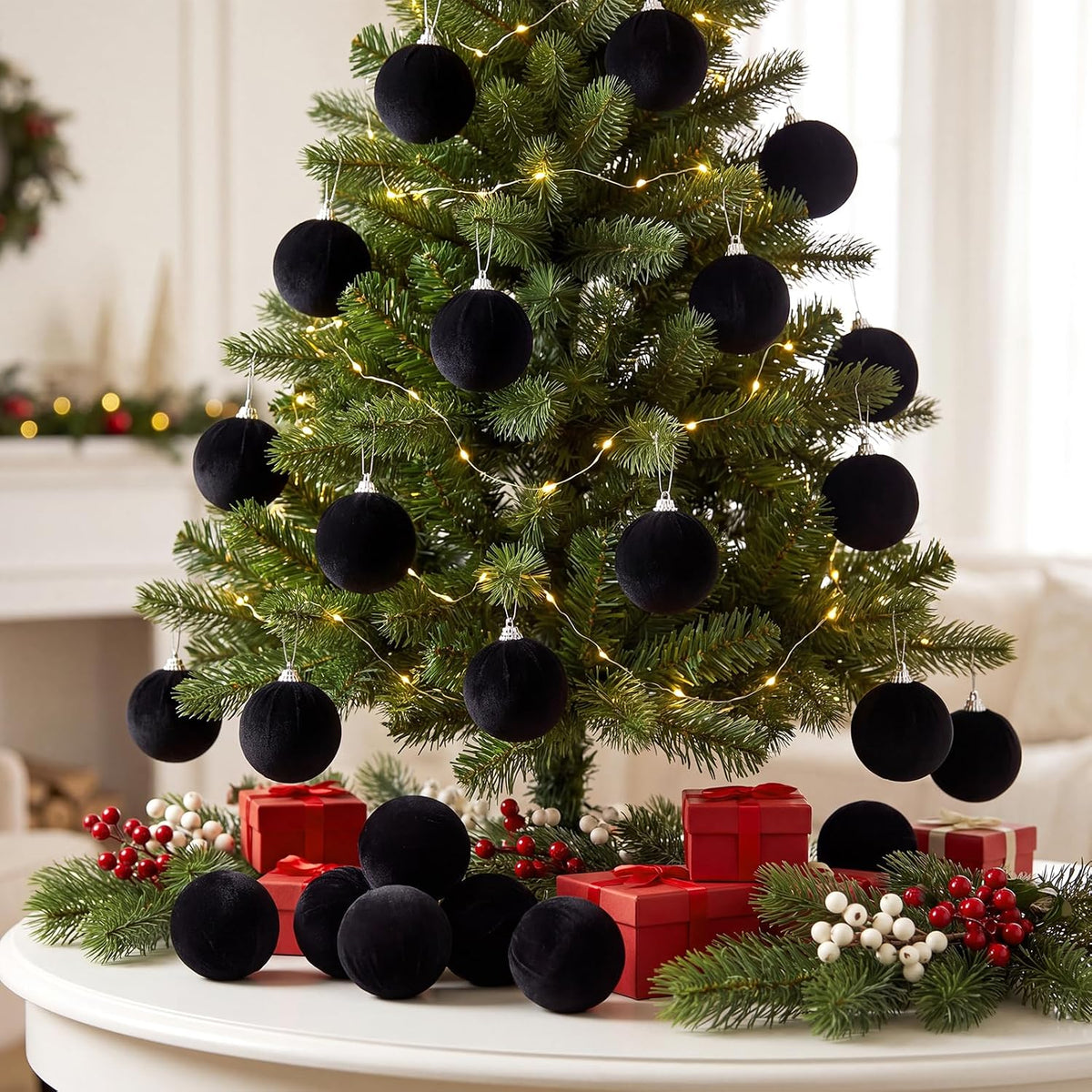 Woration 15 Pcs Christmas Hanging Ball Ornaments Black Velvet Balls - 2.36"