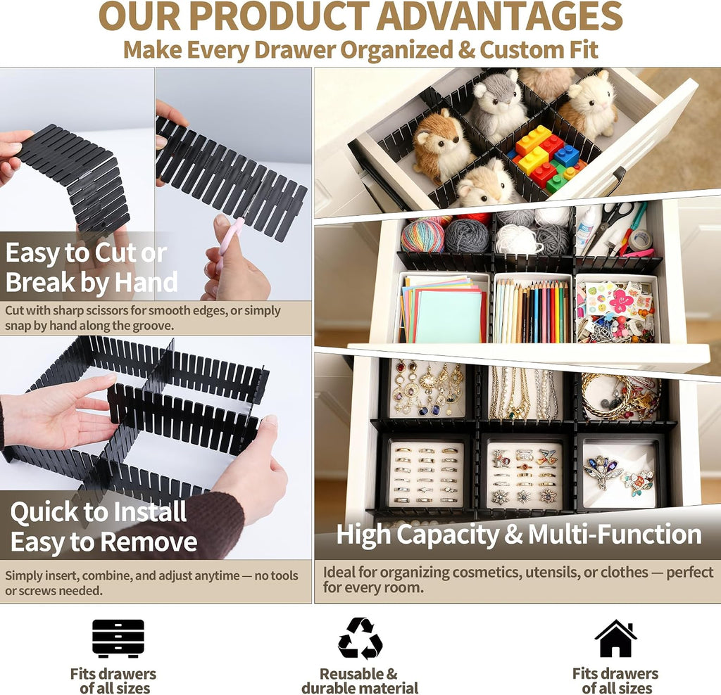 Adjustable Drawer Dividers, Cut-to-Fit DIY Organizers, Black 32 Pack