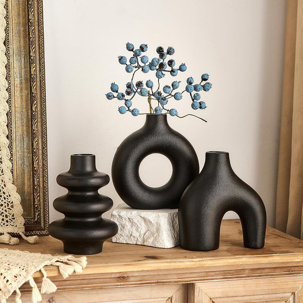 Black Ceramic Vase Set of 3, Small Flower Vases for Pampas Grass, Modern Boho Vase for Decor, Round Black Vases Centerpieces for Wedding Living Room Bedroom Coffee Table Entryway