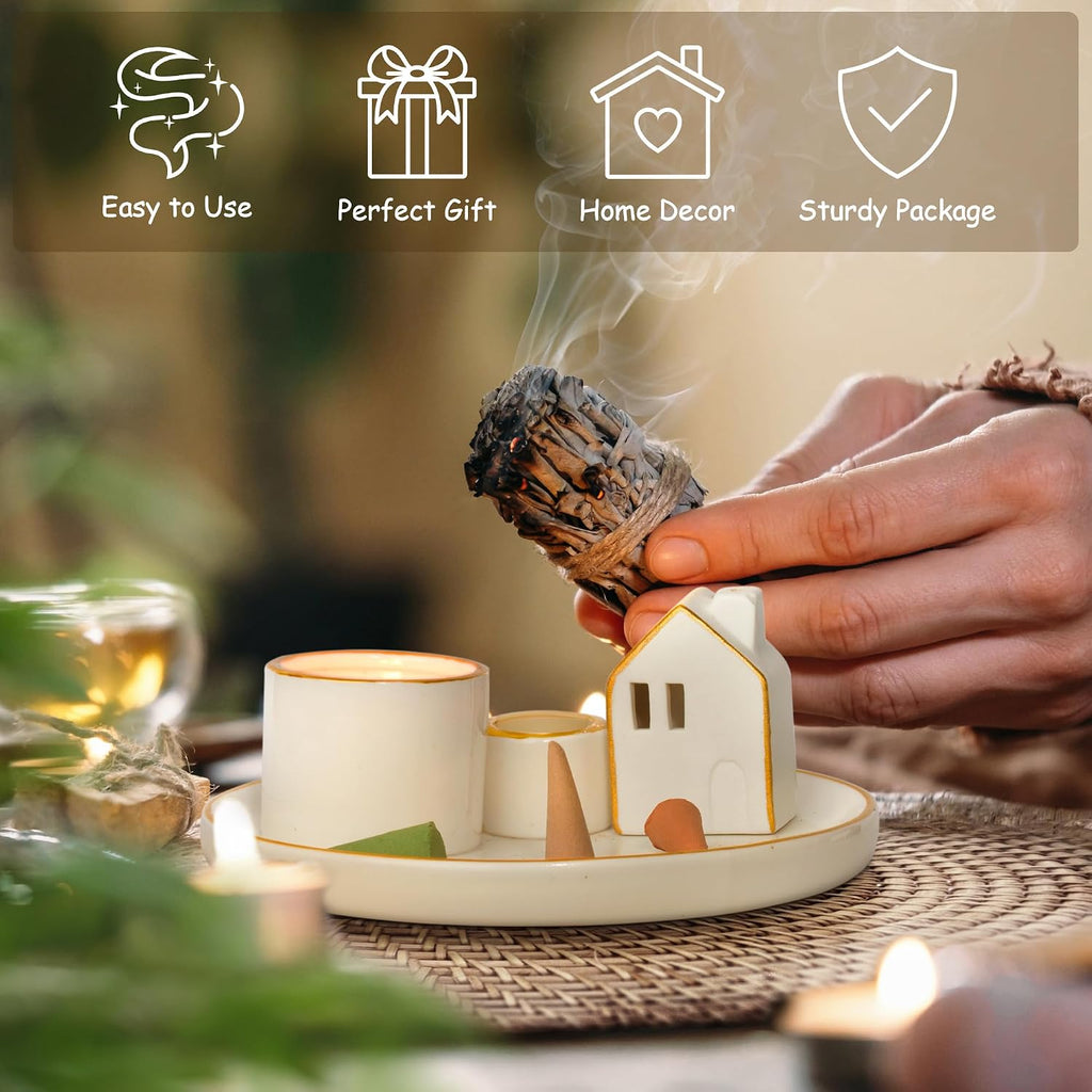 ZenBless 5 in 1 Incense Holder Burner for Palo Santo, Sage, Incense Sticks/Cones and Candle - Ceramic Incense Cone Smudge Tray,Aromatherapy Home Decoration