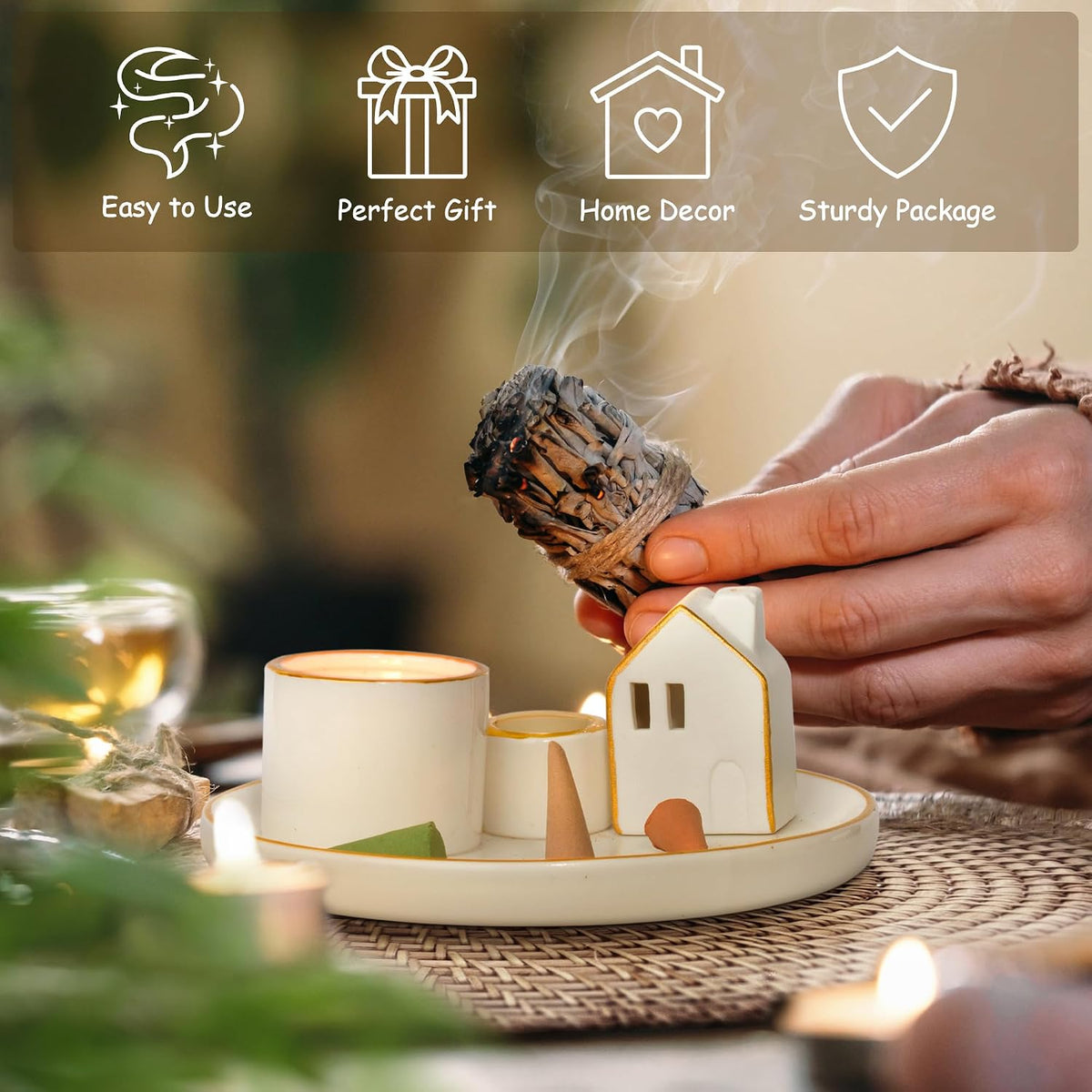 ZenBless 5 in 1 Incense Holder Burner for Palo Santo, Sage, Incense Sticks/Cones and Candle - Ceramic Incense Cone Smudge Tray,Aromatherapy Home Decoration