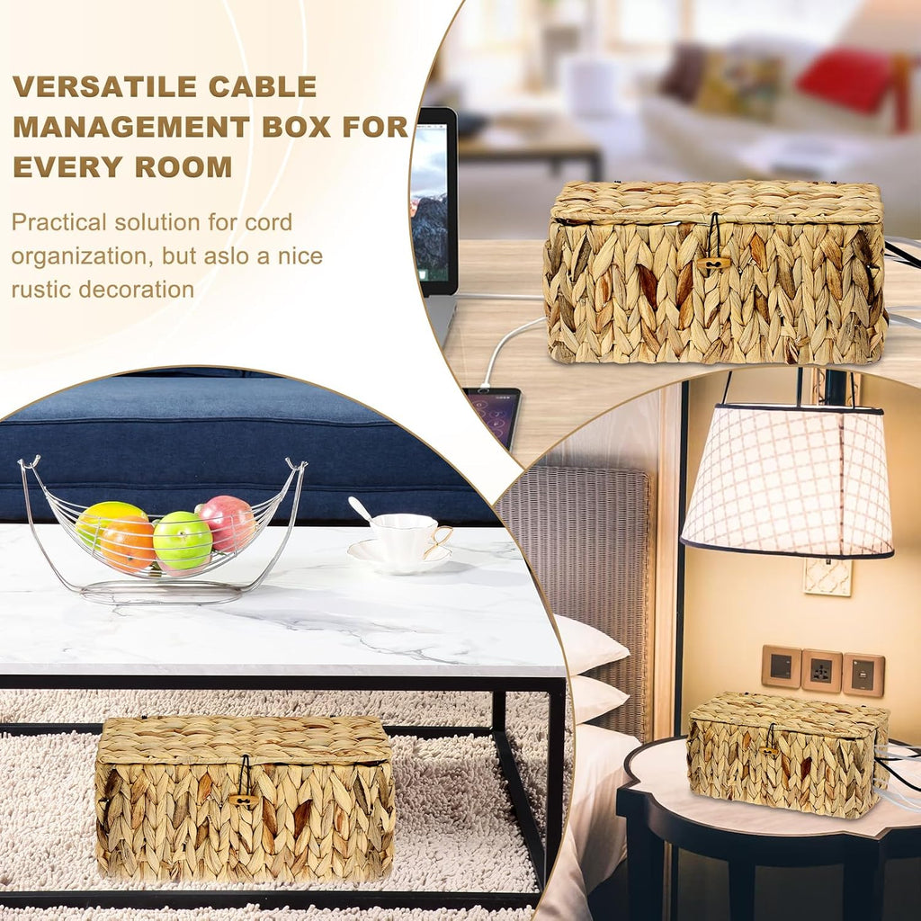 BTSKY Woven Cable Management Box with Lid Water Hyacinth Cord Organizer, L