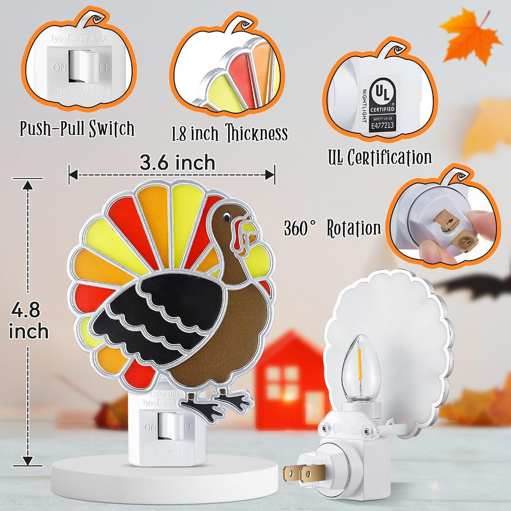 Meonum Thanksgiving Turkey Night Light Plugs into Wall, Powered by C7 LED Bulbs, 360 Degree Rotatable Plug, Bright Holiday Decorative Night Light for Home Bedroom Bathroom Kitchen Corridor Hallway