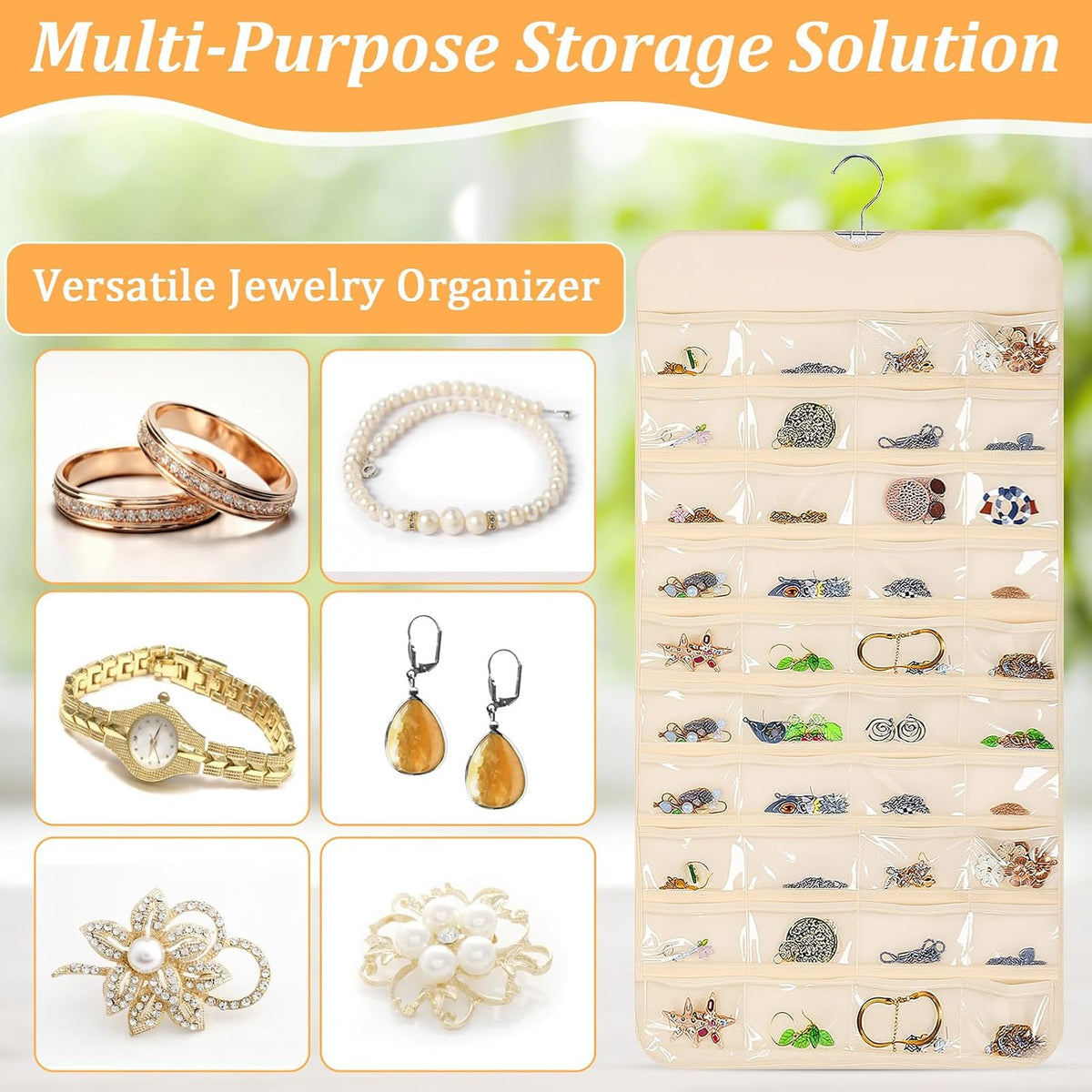 4 Pack Hanging Jewelry Organizer with 80 Clear Pockets, Double-Sided Hanger for Closet Door Wall, Beige Jewelry Holder for Earrings, Necklaces, Bracelets