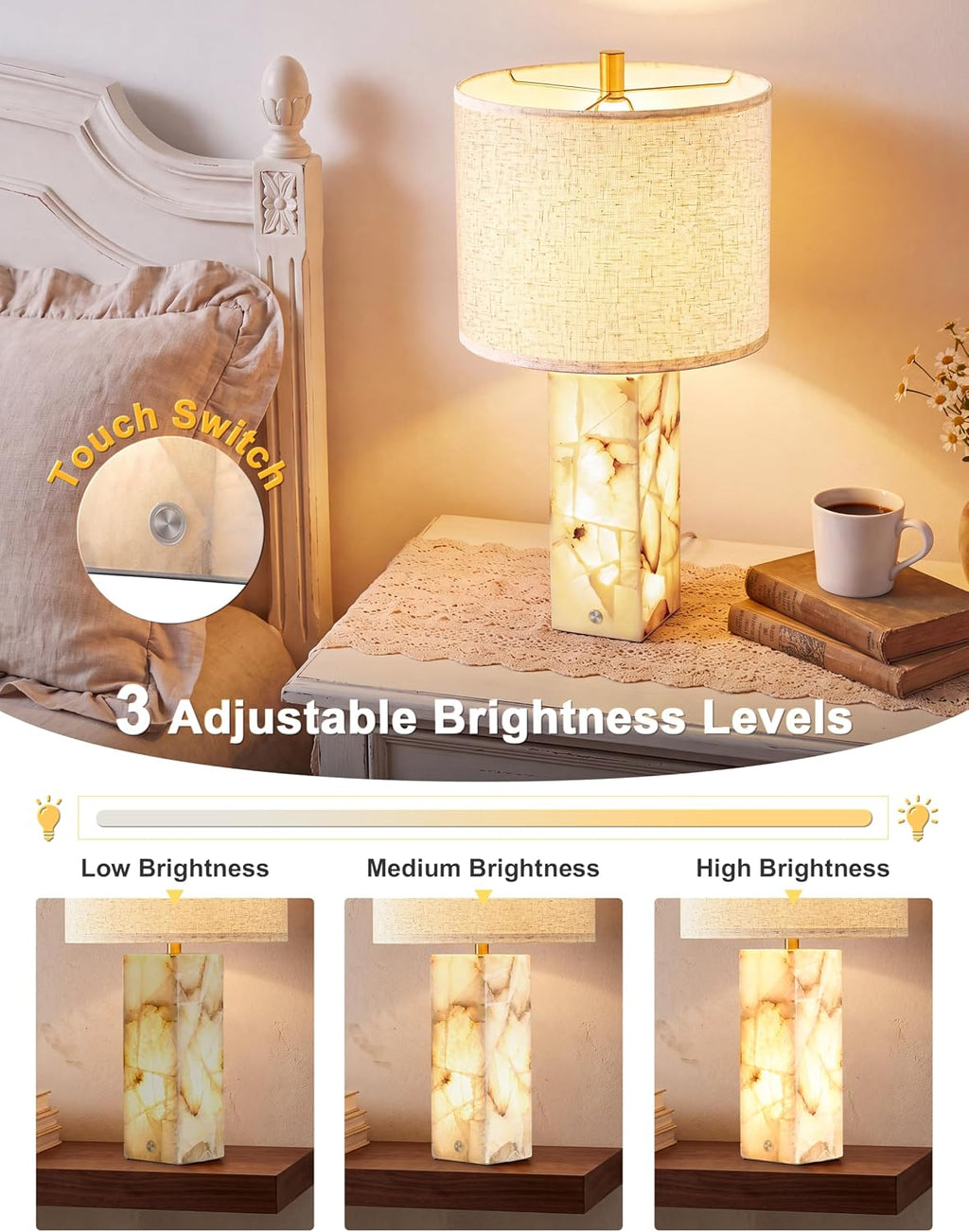 VOLISUN 23" Alabaster Table Lamp Set of 2, Modern Marble Lamp with Linen Shade, Touch Control & 3-Level Dimming, Night Light Bedside Lamps for Bedroom Living Room Office