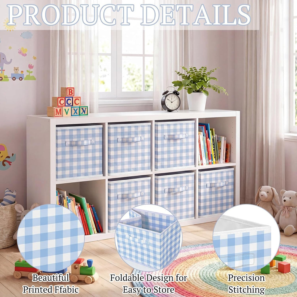 Yalikop 6 Pcs Blue Gingham Cube Storage Bins, 11 Inch Fabric Checkered Classroom Storage Bins Organizer with Handle Preppy Collapsible Cubby Basket for Classroom Home Nursery Playroom Bedroom