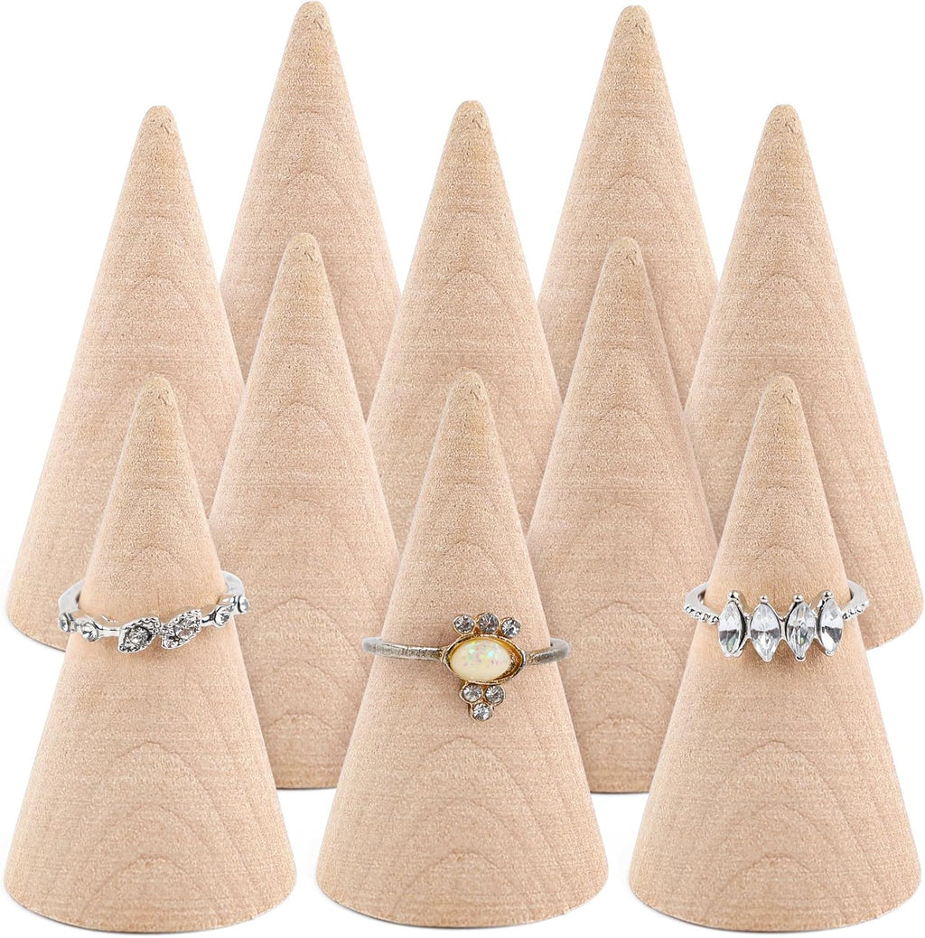 Framendino, 10 Pack Natural Wood Cone Ring Holder Finger Jewelry Display Stand Organizer for DIY Craft (Tilted Shaped)