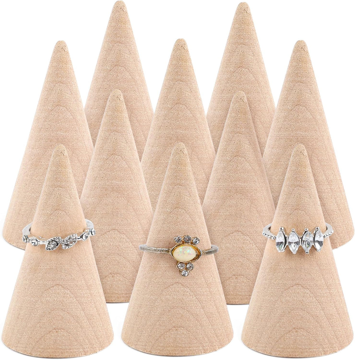 Framendino, 10 Pack Natural Wood Cone Ring Holder Finger Jewelry Display Stand Organizer for DIY Craft (Tilted Shaped)