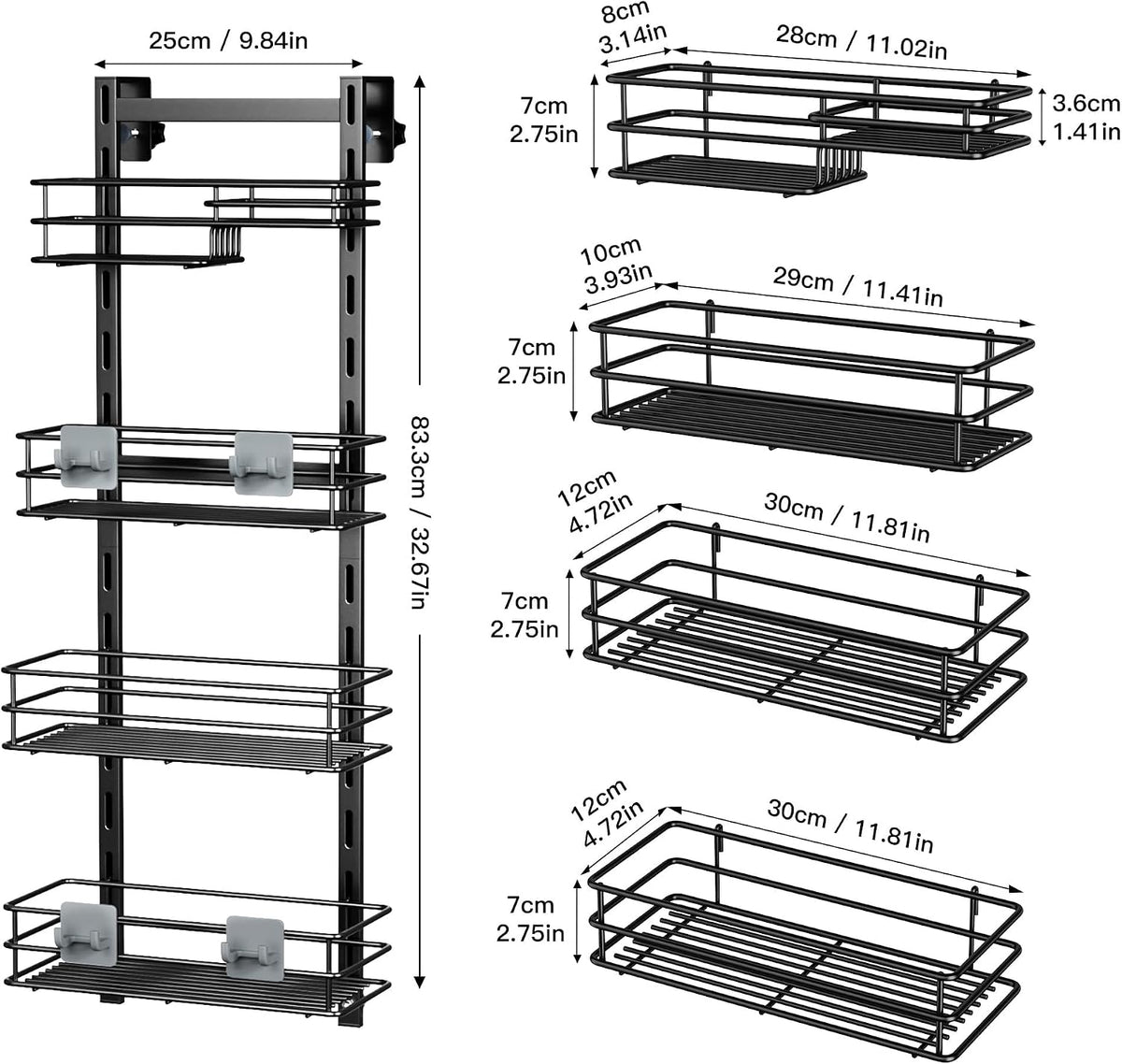 Orimade Over The Door Shower Caddy Adjustable 4 Tier Black,Bathroom Hanging Organizer Shelf Rustproof with 4 Hooks,Shower Basket with Soap Holder and Suction Cup