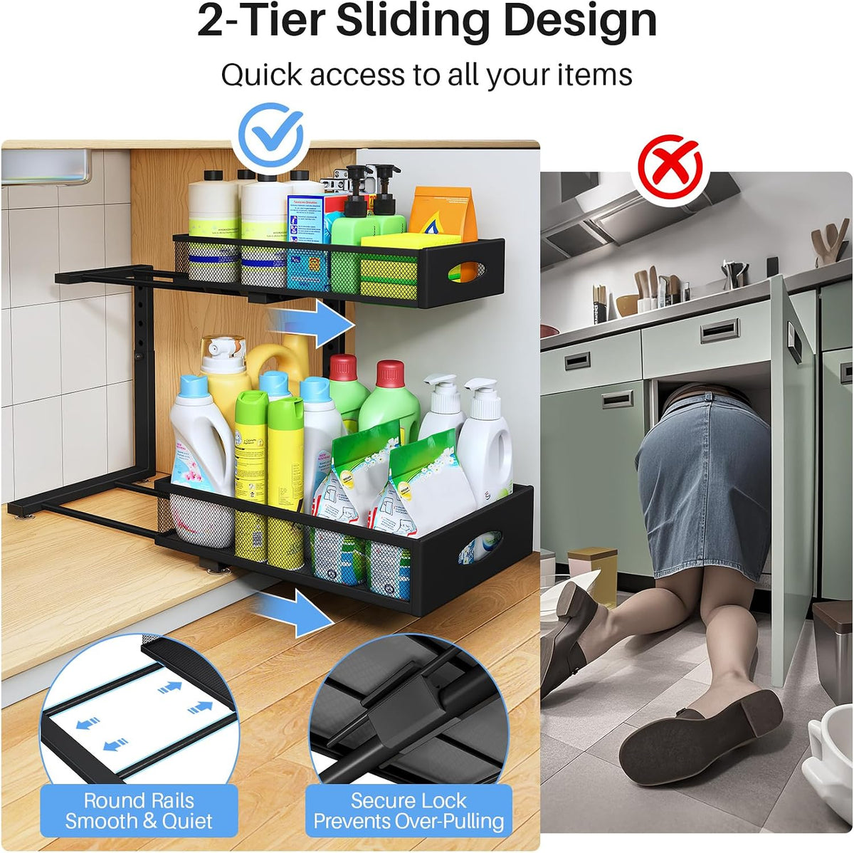 Under Sink Organizer, 2 Tier Pull Out Under Cabinet Organizer Shelf with Pad for Framed Cabinets, Metal Slide Out Under Sink Storage, Mesh Sliding Drawers for Kitchen Bathroom Laundry(Black, 1 Pack)