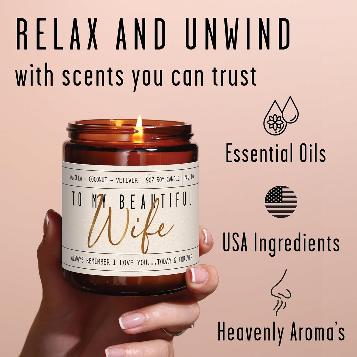 Gift for Anniversary for Women, Valentines Day Gift for Her, Wedding Anniversary for Wife -to My Beautiful Wife Candle, w/Vanilla, Coconut & Vetiver I Valentines I 9oz, 50Hr Burn, USA Made