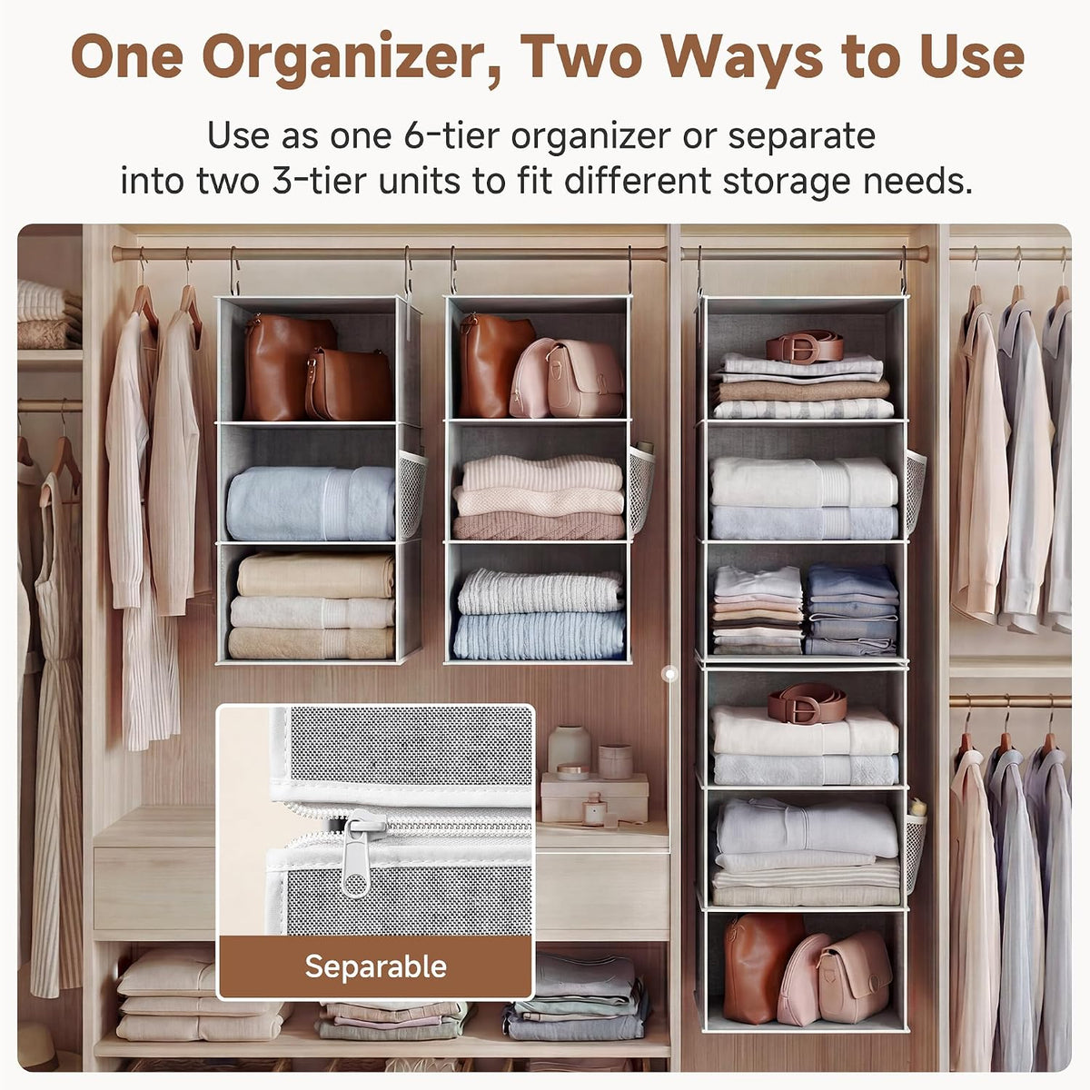 StorageWorks Hanging Closet Organizer, 6-Shelf with 2-in-1 Design, Gray