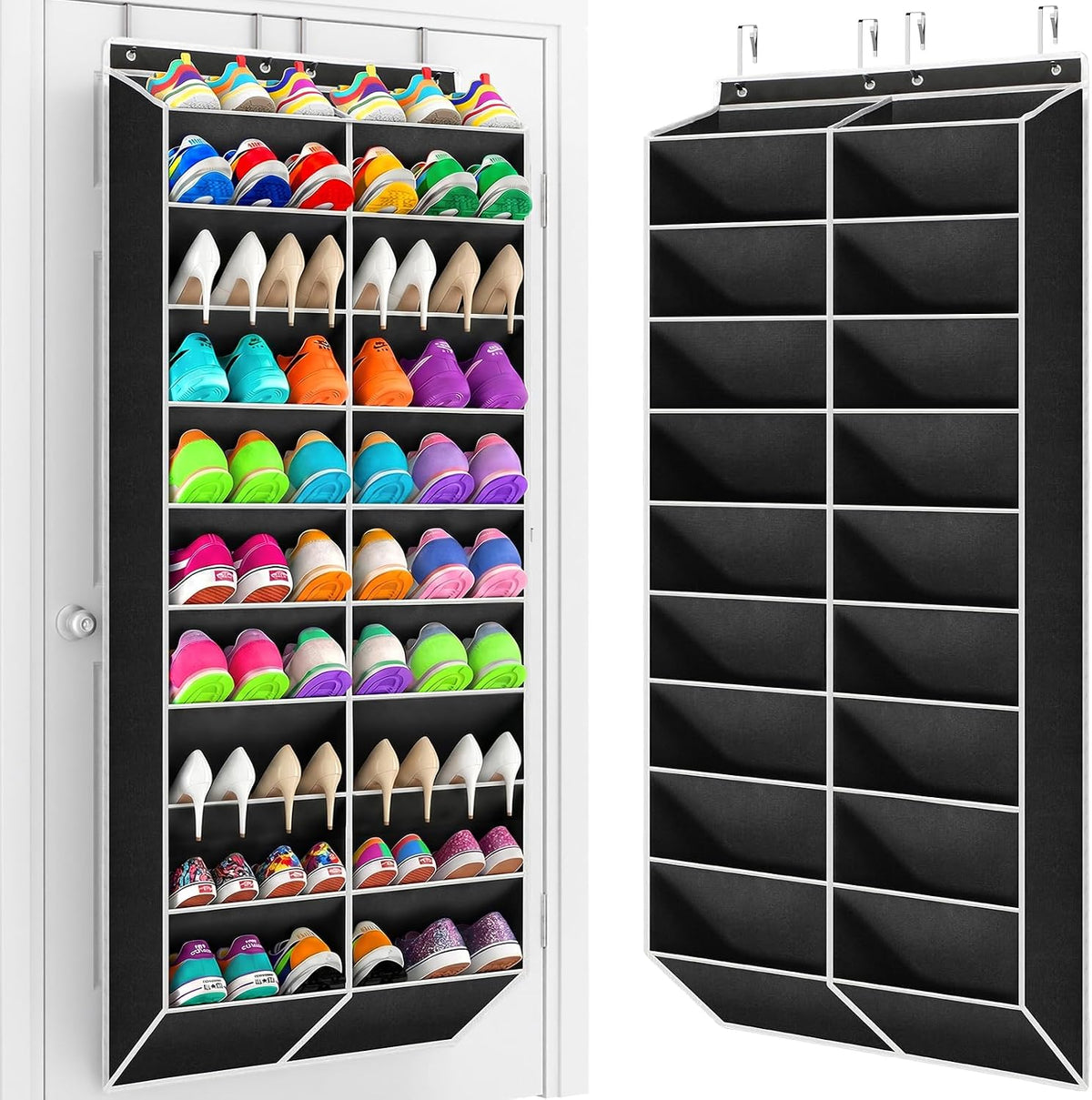 Yecaye 16-24 Pairs Over the Door Shoe Organizer, Large Capacity Hanging Shoe Rack for Door Hanger with Deep Pockets, 8 Tier Shoe Holder for Sneakers Boots Heels College Dorm Essentials, Black