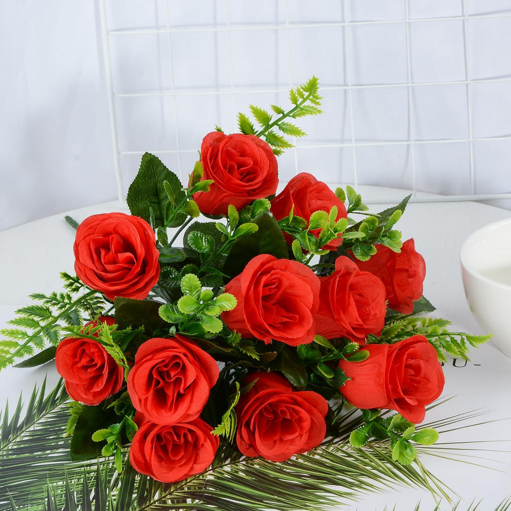 Artificial Rose Flowers Bouquet Realistic Silk Rose Fake Flowers for Wedding Home Centerpieces Party Cemetery Grave Decoration (4 Bouquets, Red)