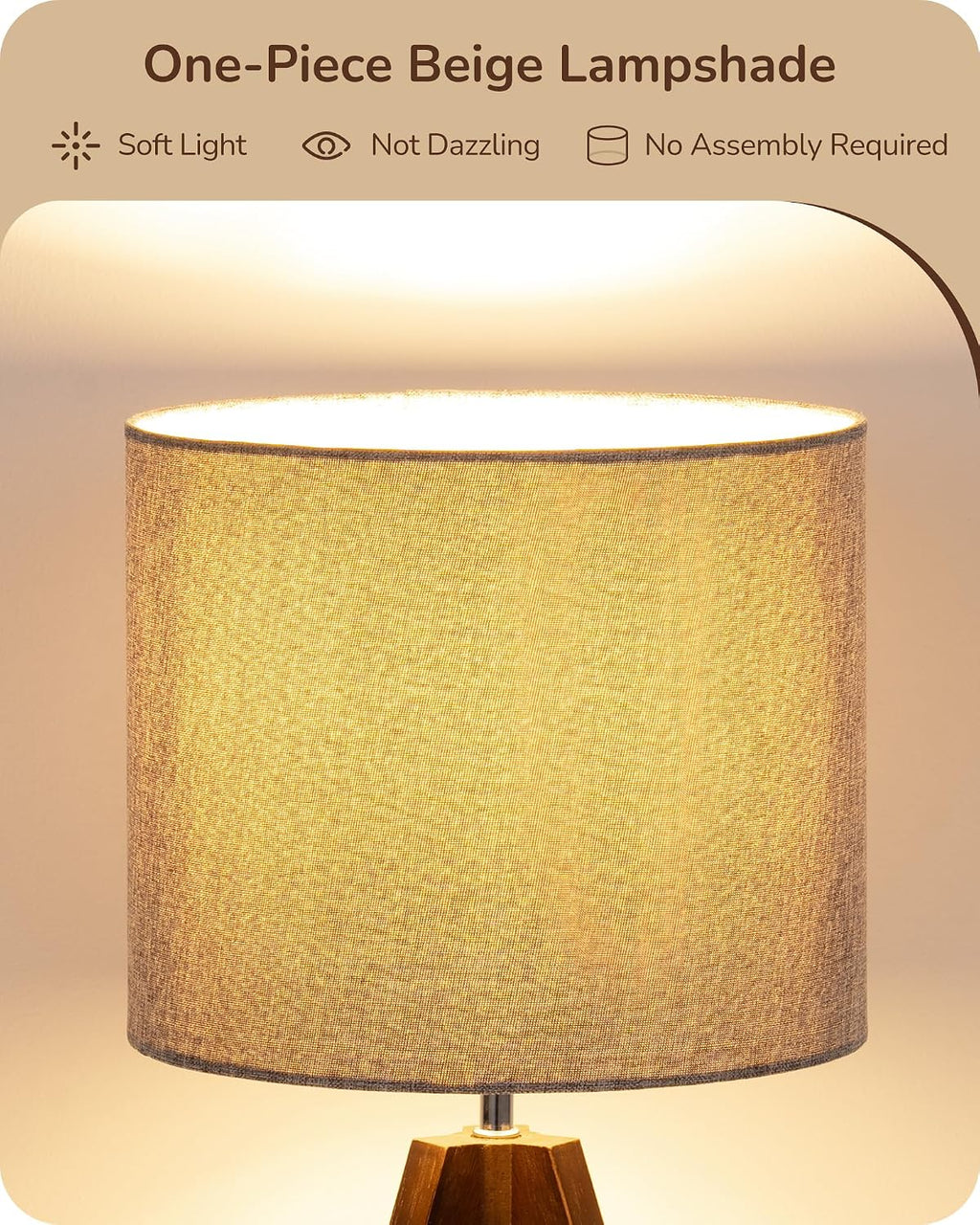 EDISHINE Boho Small Table Lamp, Wood Lamp, Grey Linen Lampshade,14.2 Inch