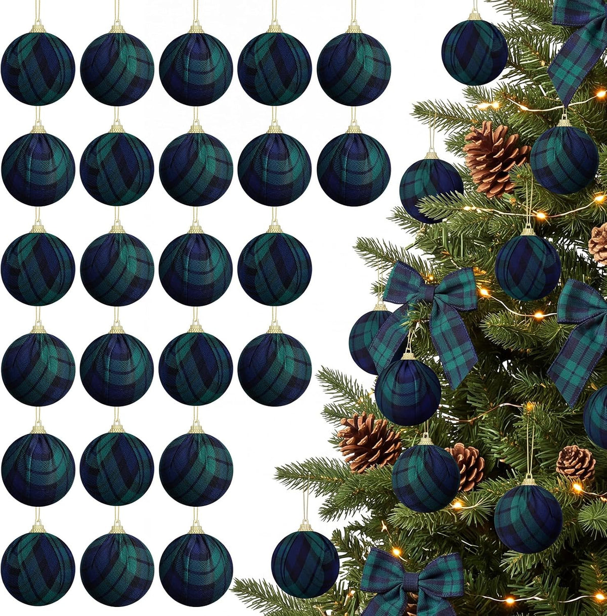 Syhood 24 Pcs Christmas Ball Ornaments 2.4 Inch, Blue Green Tartan Plaid