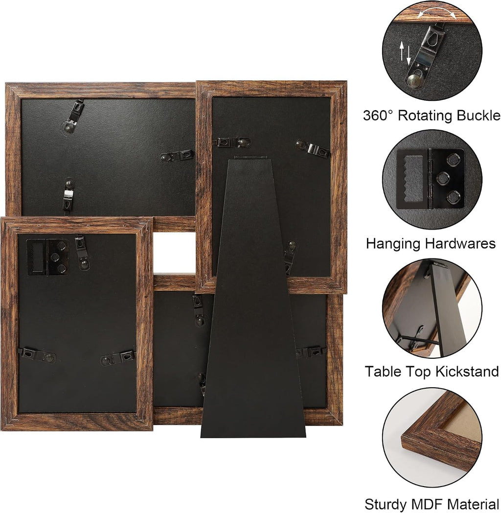 YESKAY 4x6 Collage Picture Frames, Multi Family Photo Frame with Real Glass, Displays Four 4x6 Photo, Wall Decor Wall Hanging or Tabletop, Rustic Brown