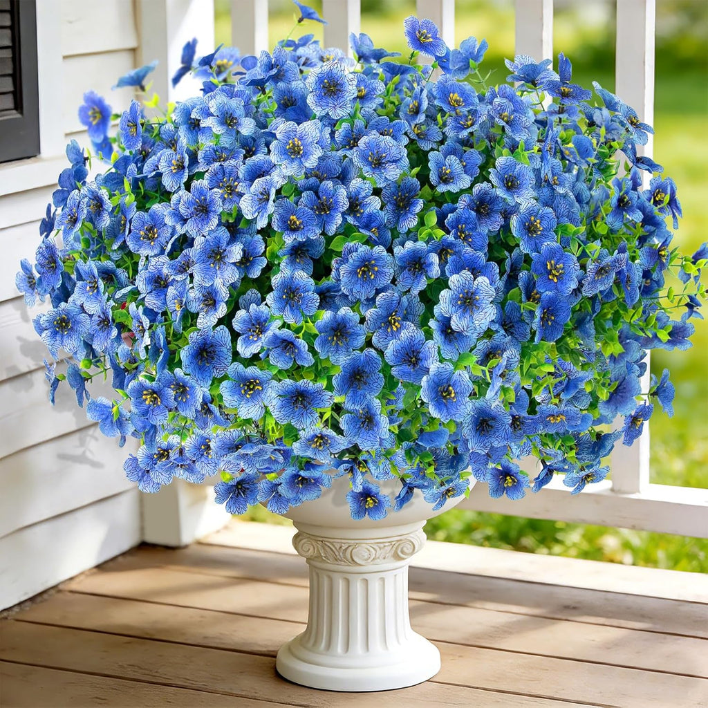 12 Bundles Artificial Flowers for Outdoors, Fake Silk Plastic Flowers for Outside, UV Resistant Faux Plants for Outside Garden Porch Window Home Planters Decoration (Blue)