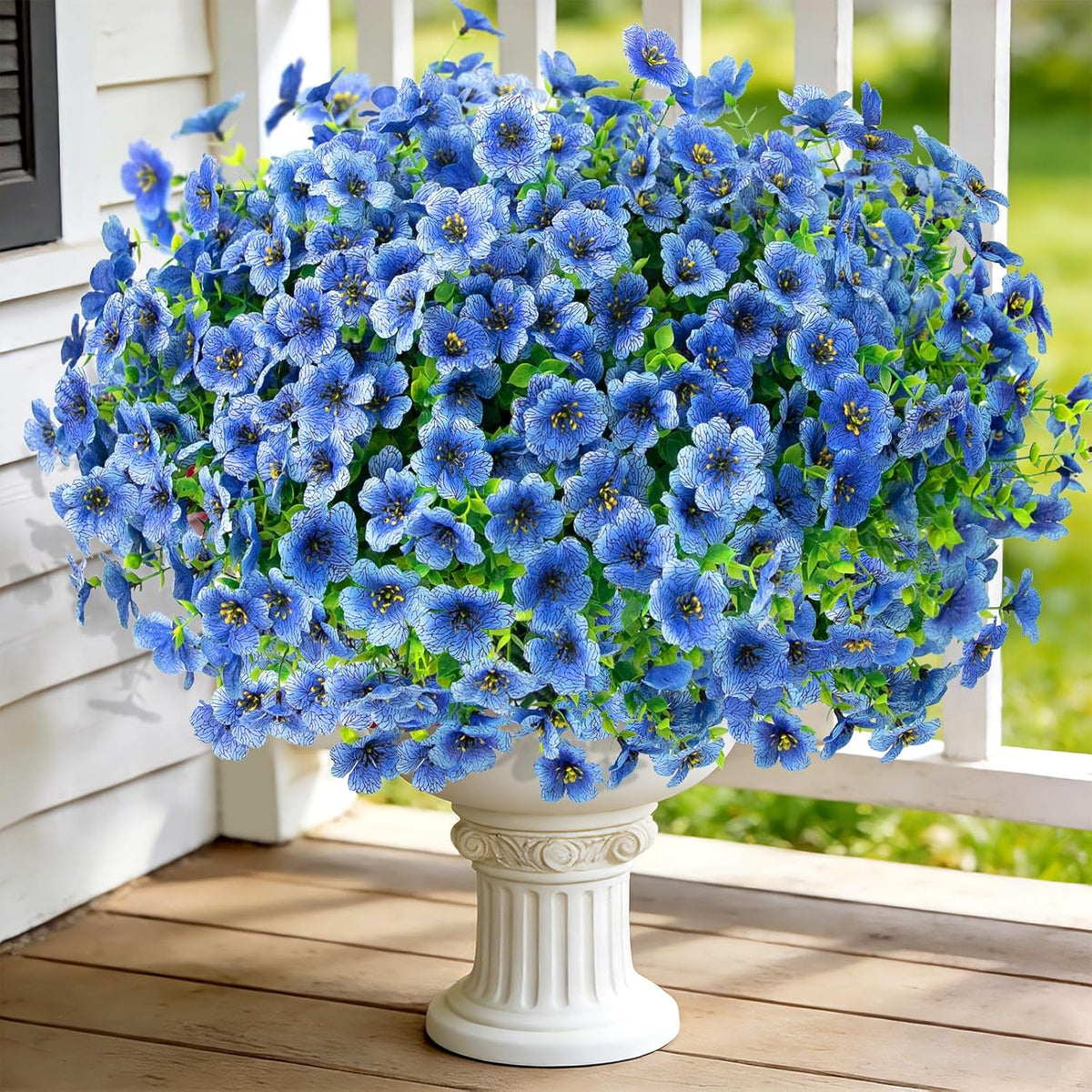 12 Bundles Artificial Flowers for Outdoors, Fake Silk Plastic Flowers for Outside, UV Resistant Faux Plants for Outside Garden Porch Window Home Planters Decoration (Blue)