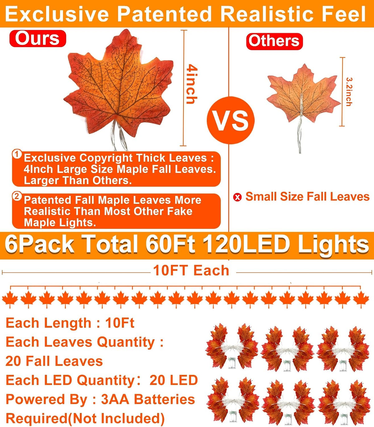 TURNMEON 6 Pack Fall Garland with Lights Enlarged Maple Leaves 60Ft 120LED