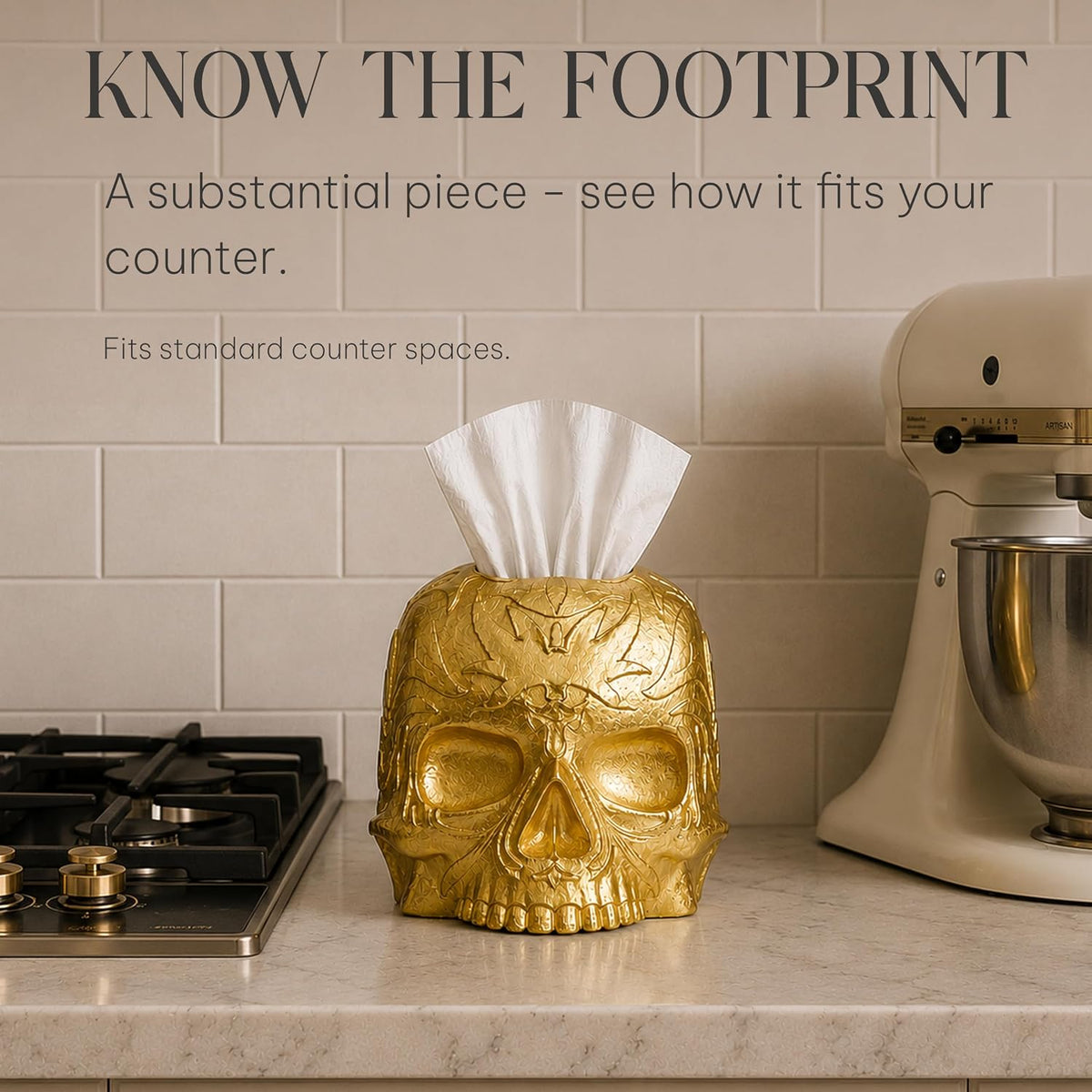 Gothic Skull Tissue Box Cover, Gold, Square by Death Decor