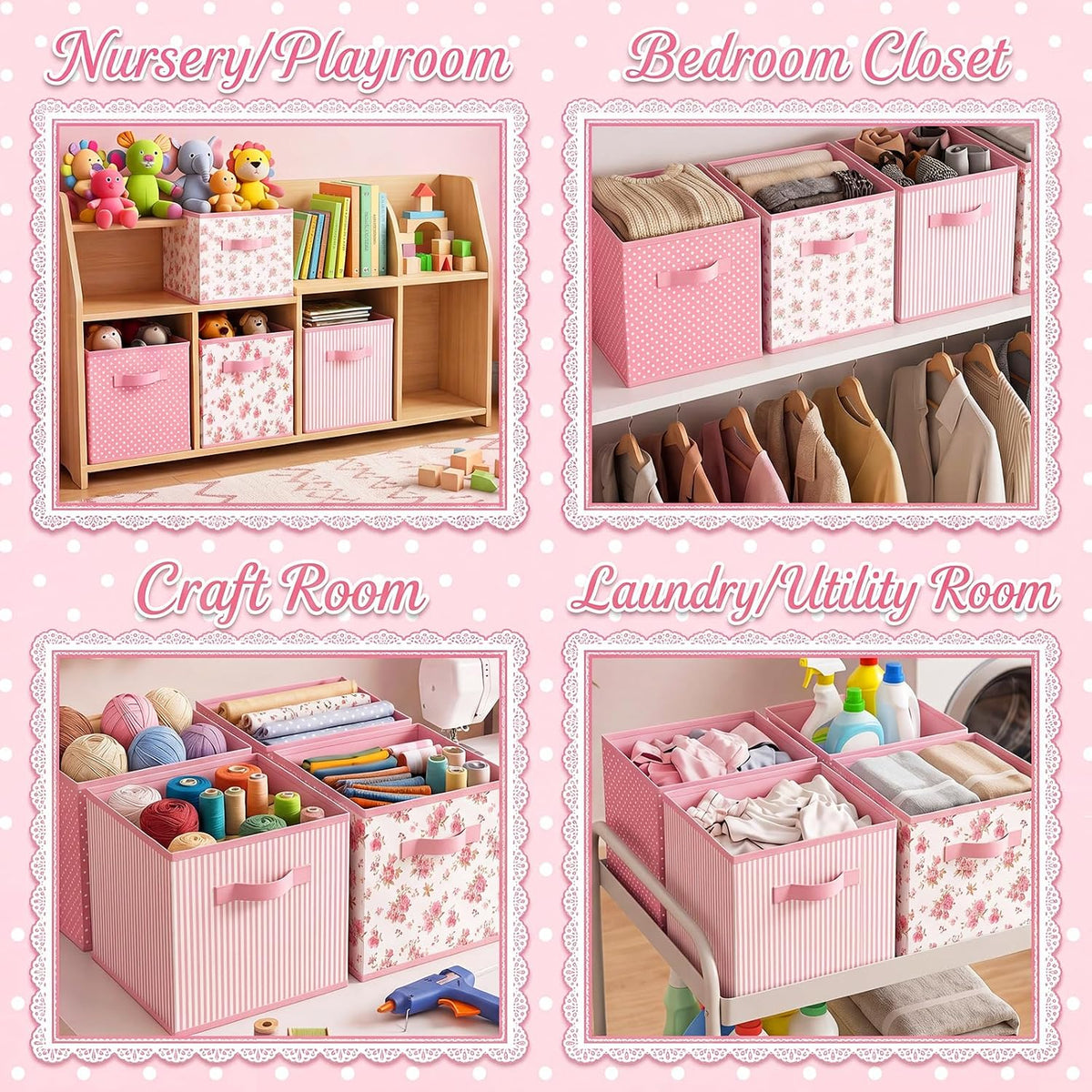 Marsui 4 Pcs Pink Flower Cube Storage Bins with Handle 11 Inch, Academic