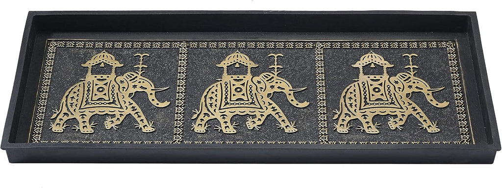 HF by LT Elephant Design Deluxe Rubber Boot Tray, 34 x 14 inches, Heavy Duty Vulcanized Rubber, One-Piece Seamless Construction, Year Round Use Indoors or Outdoors, Black with Antique Gold Finish