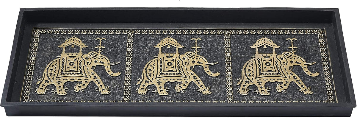 HF by LT Elephant Design Deluxe Rubber Boot Tray, 34 x 14 inches, Heavy Duty Vulcanized Rubber, One-Piece Seamless Construction, Year Round Use Indoors or Outdoors, Black with Antique Gold Finish