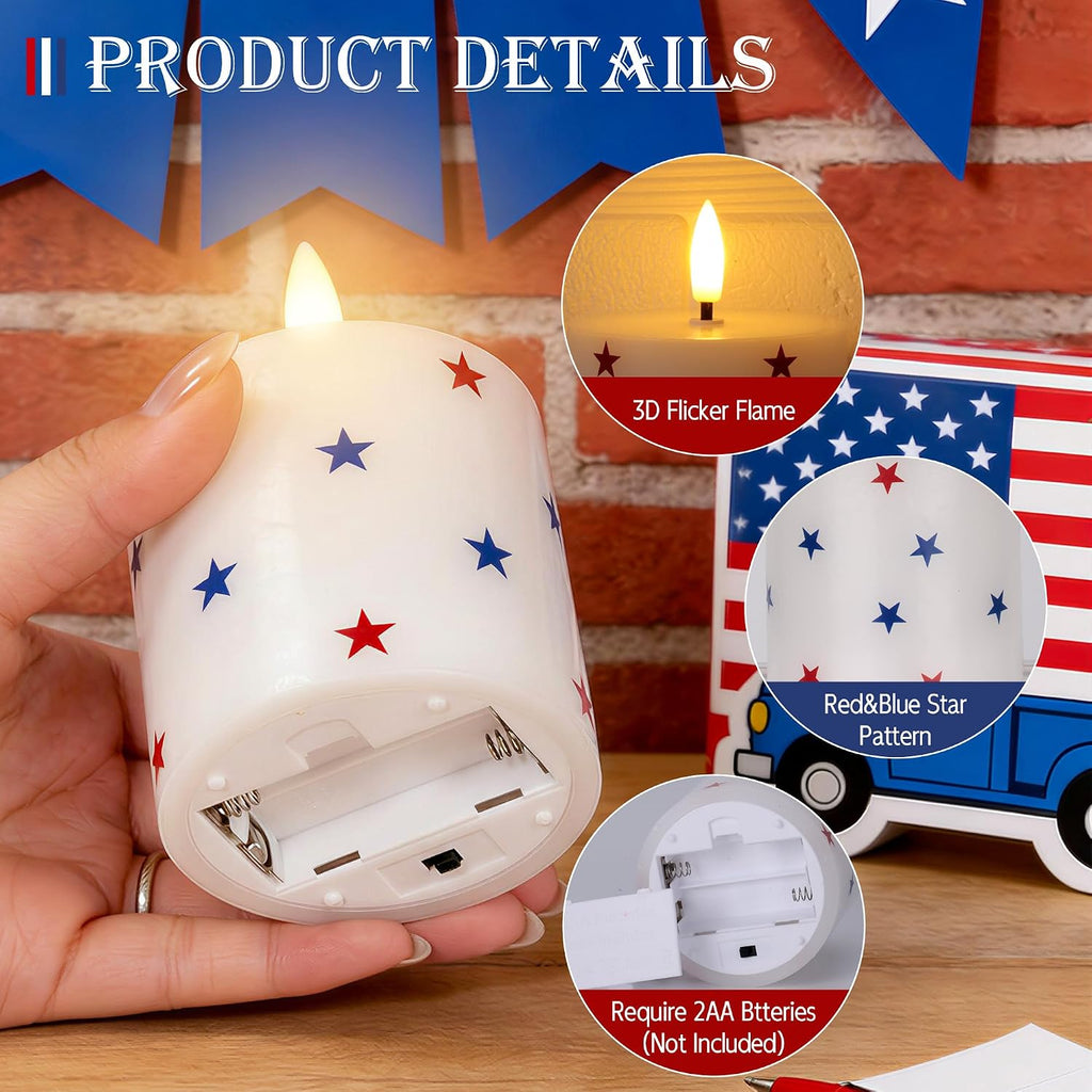 4th of July Flameless Pillar Candles with Red White and Blue Star Stickers, 250th Anniversary Patriotic Battery Operated LED Pillar Candles with Remote and Timer, Real Wax Candle Set of 3