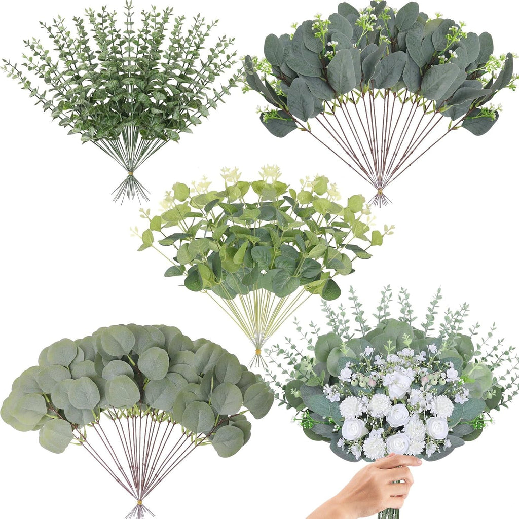 100 Pcs 4 Kinds Mixed Eucalyptus Stems Bulk, Artificial Silver Dollar Eucalyptus Leaves Bundle Faux Greenery Branches for Wedding Centerpiece Vase Bouquet Floral Arrangement Home Decor