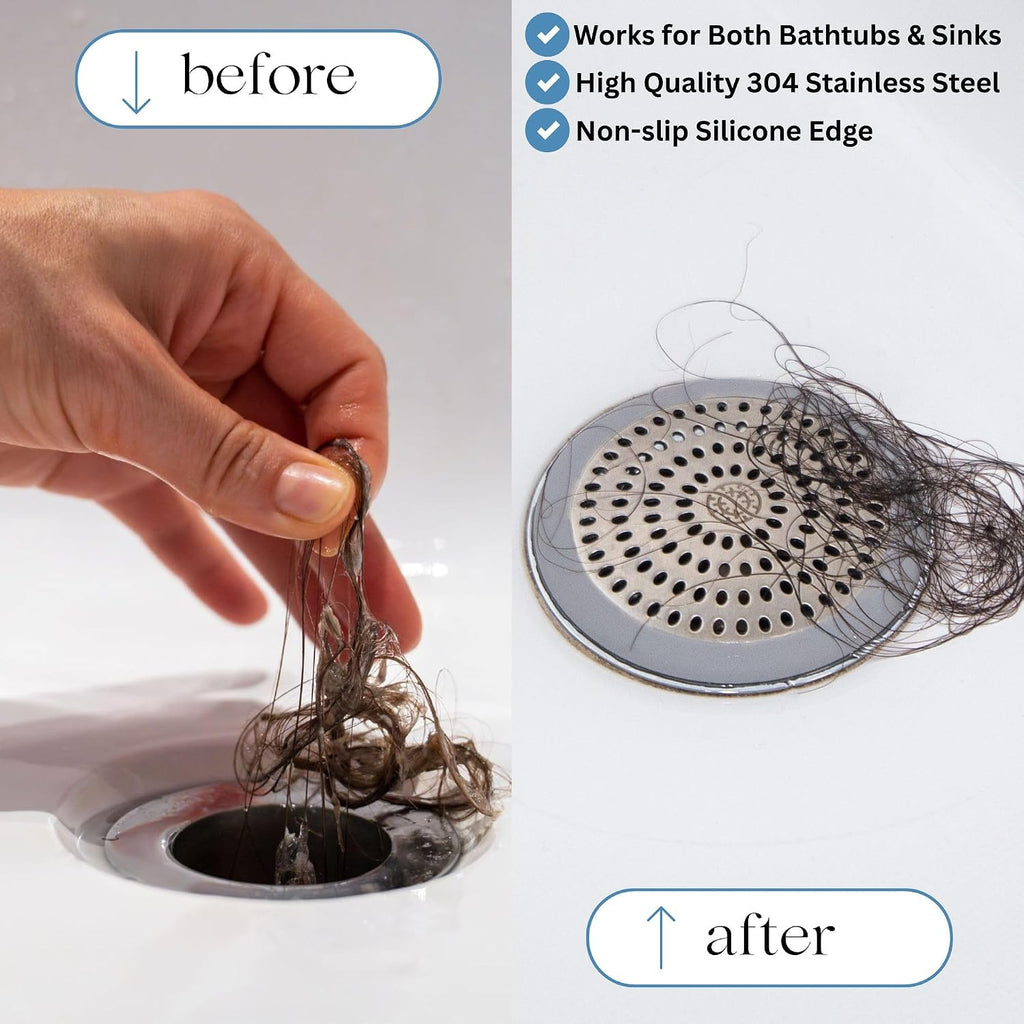 Drain Hair Catcher & Stopper Combo – Tub ShowerRing + StopRing Set for Bathtub & Sink | Stainless Steel Strainer + Silicone Drain Plug | Clog-Free, Universal Fit (Gray, 2 Pack)
