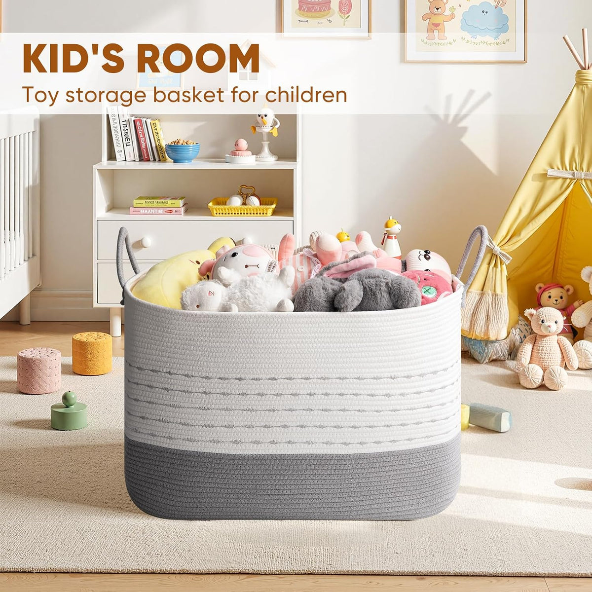 OIASKET XXL Large Blanket Basket for Living Room, 108L Woven Storage Baskets for Organizing, Rectangle Cotton Rope Basket Toy Chest With Handles-Grey & White