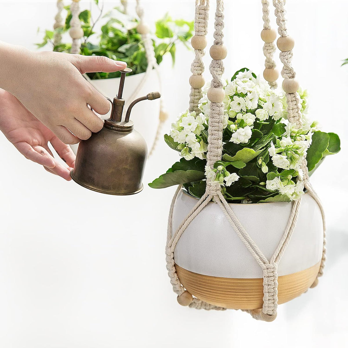 Mkono 3 Pack Macrame Plant Hangers Hanging Planters for Indoor Plants Ivory