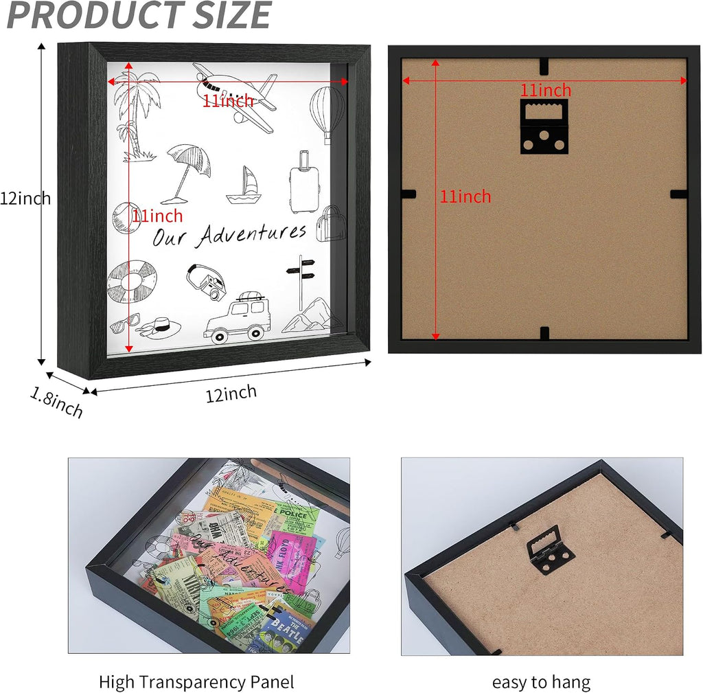 Jackma Travel Tickets Collection Shadow Box Frame, Funny Display Box for Collecting Tickets of Sporting Travelling Events – Piggy Bank Frame Memory Box with Slot on Top, Black 8x8”