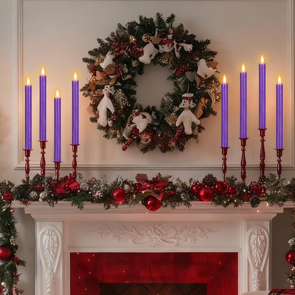 Purple LED Flameless Taper Candles, 6 Pack Real Wax Flickering Candlesticks with 10-Key Remote, Battery Operated Tall Taper Candles for Home, Wedding, and Party Decor