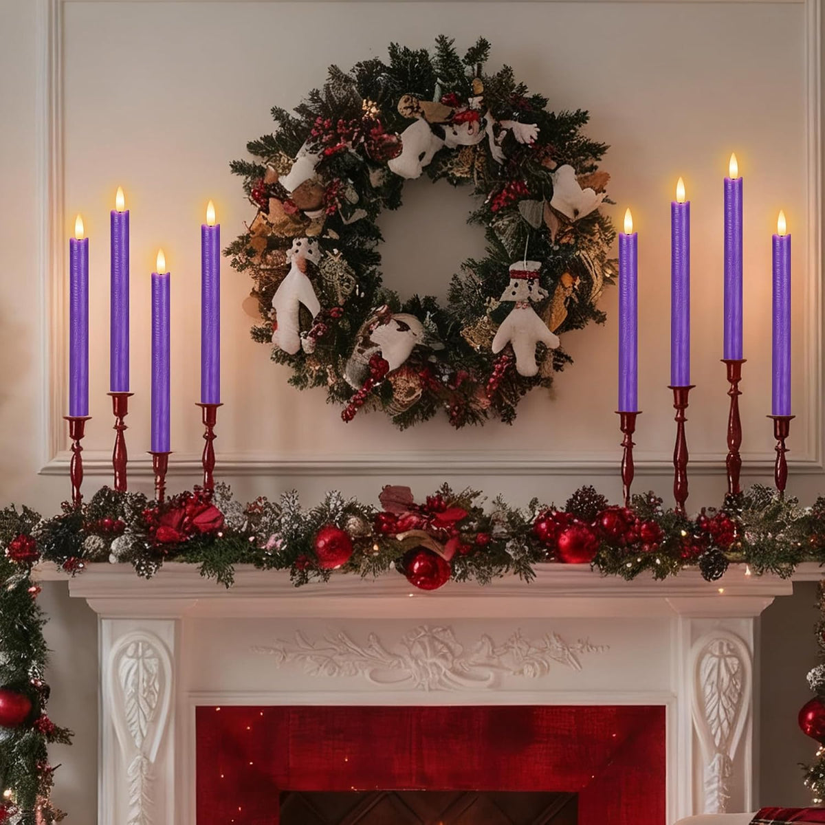Purple LED Flameless Taper Candles, 6 Pack Real Wax Flickering Candlesticks with 10-Key Remote, Battery Operated Tall Taper Candles for Home, Wedding, and Party Decor