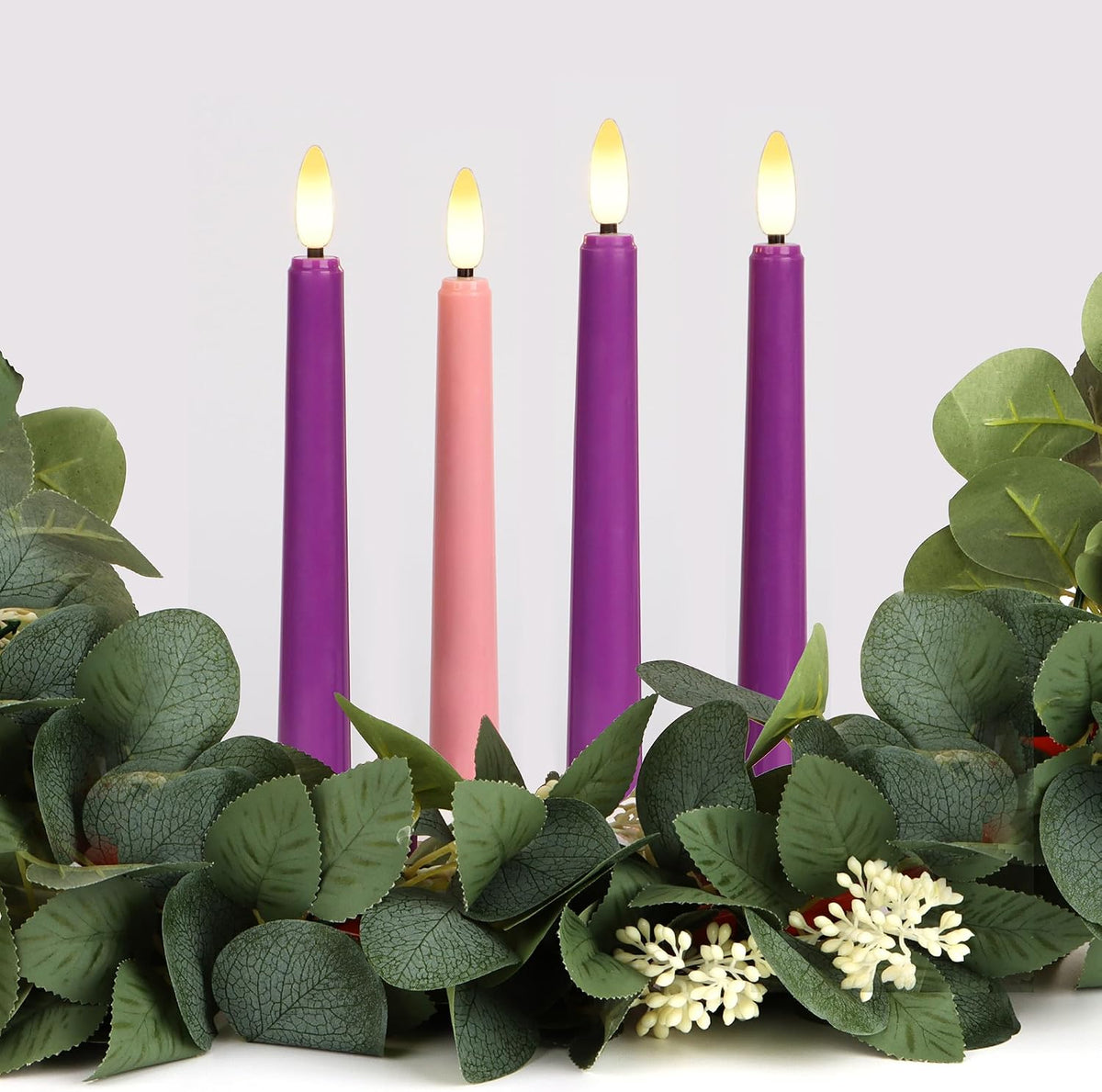 Flameless Advent Candles - Set of 4 Battery Operated LED Advent Candle with Remote Control & Timer- 8-inch Tall Flicker Flame Battery Operated Taper Candles for Christmas Holiday