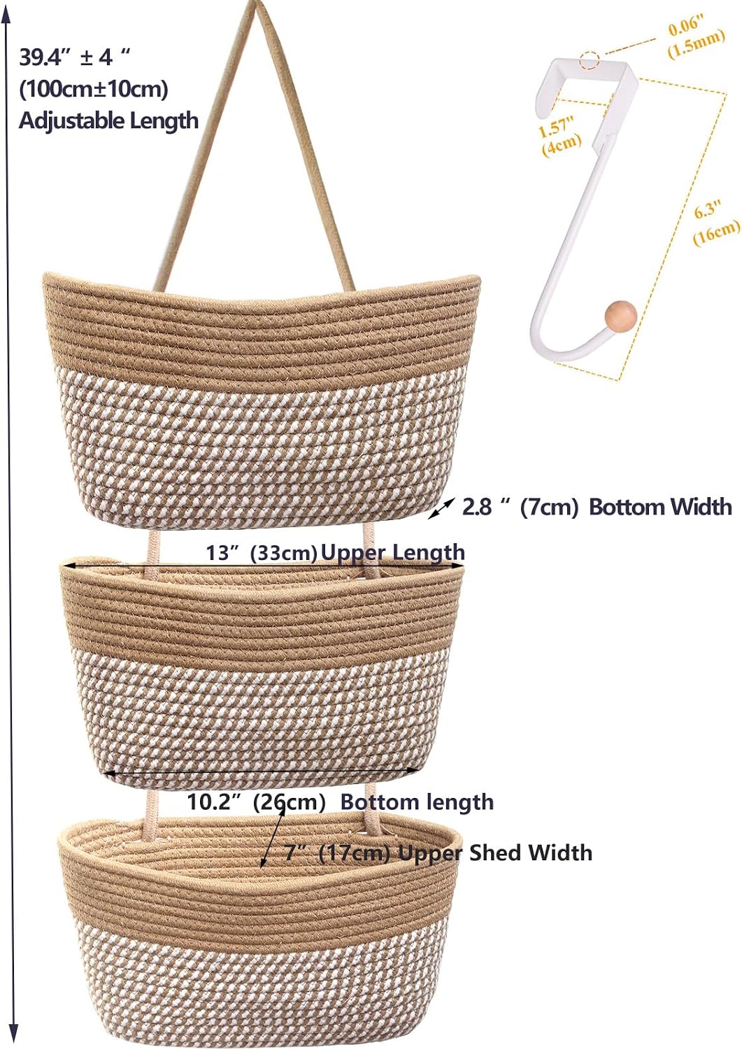 Over the Door Hanging Basket for Organizing 3 Tiers Woven Cotton Rope Wall Mount Storage basket Decorative Kitchen Hanging Organizer Bathroom include 1 door hook Flaxen Stripe