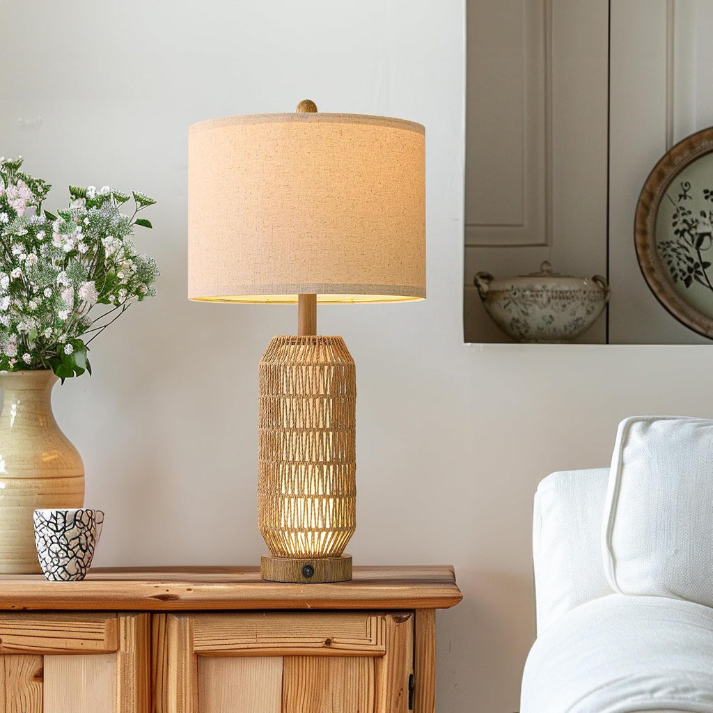 OYEARS 25" Table Lamps Set of 2 with Night Light,Bedside Lamps for Bedroom,Boho Lamps with USB C+A Charging Ports,Farmhouse Table Lamp with Rattan,Frosted Glass,Linen Shade (Wood Grain,Bulb Included)