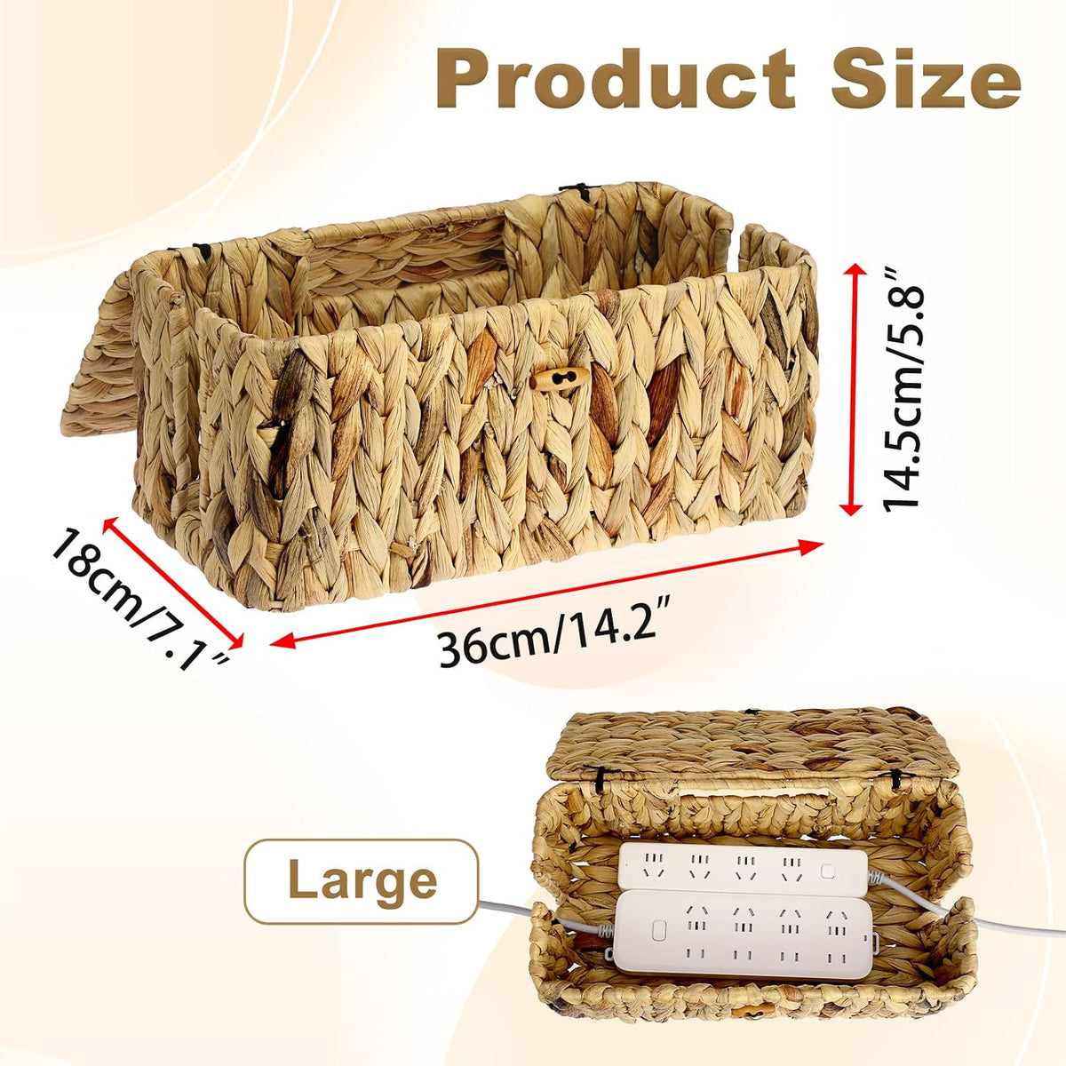 BTSKY Woven Cable Management Box with Lid Water Hyacinth Cord Organizer, L