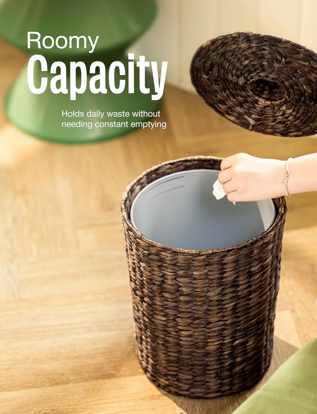 Tidita 4 Gallon Wicker Trash Can with Lid,Water Hyacinth Waste Basket,Black