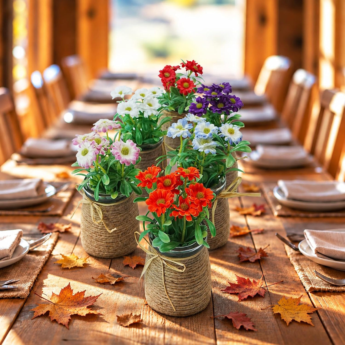 6pcs Artificial Daisy Fall Flowers in Small Glass Container