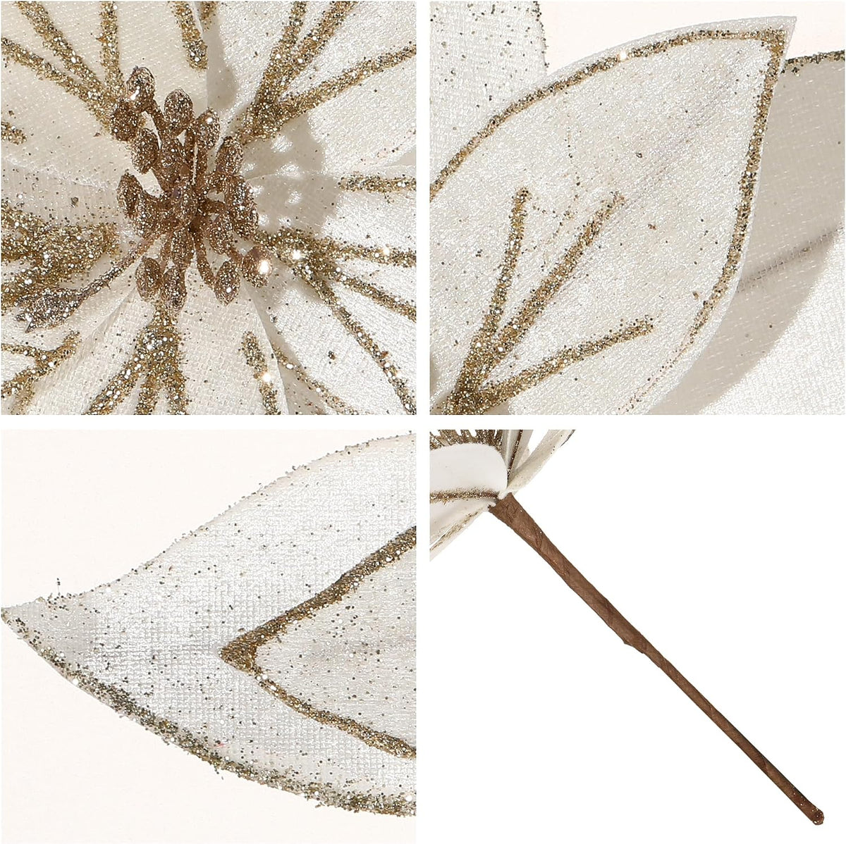 10.2’’ Large Glitter Christmas Flowers 6 Pcs Artificial Poinsettia Flower Velvet Christmas Tree Flower Ornaments Fold Floral for Christmas Decorations New Year Party Wedding (Cream White)
