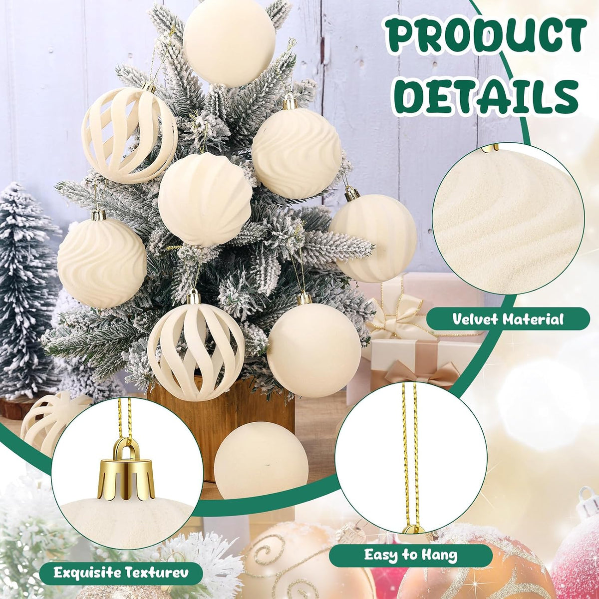 12Pcs 3.15in Velvet Cream Christmas Tree Balls Ornaments (Cream White)
