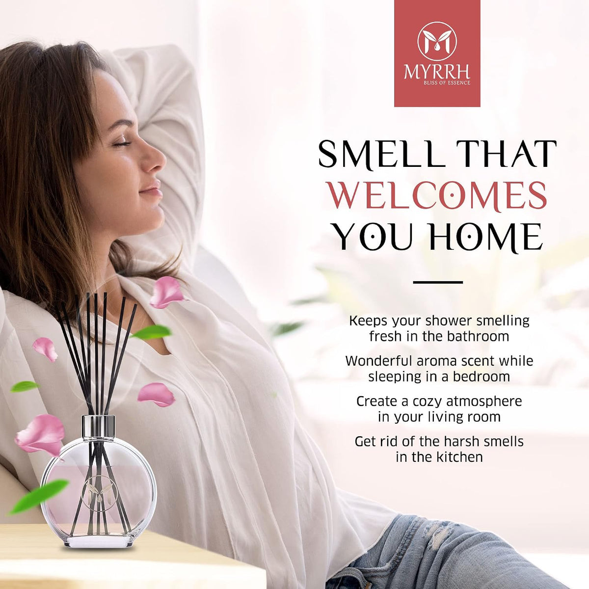 English Roses Scented Reed Diffuser Set with 8 Rattan Diffuser Sticks, 150 ml, All Natural Air Freshener, Long-Lasting Diffusers at Home - MyrrhUSA