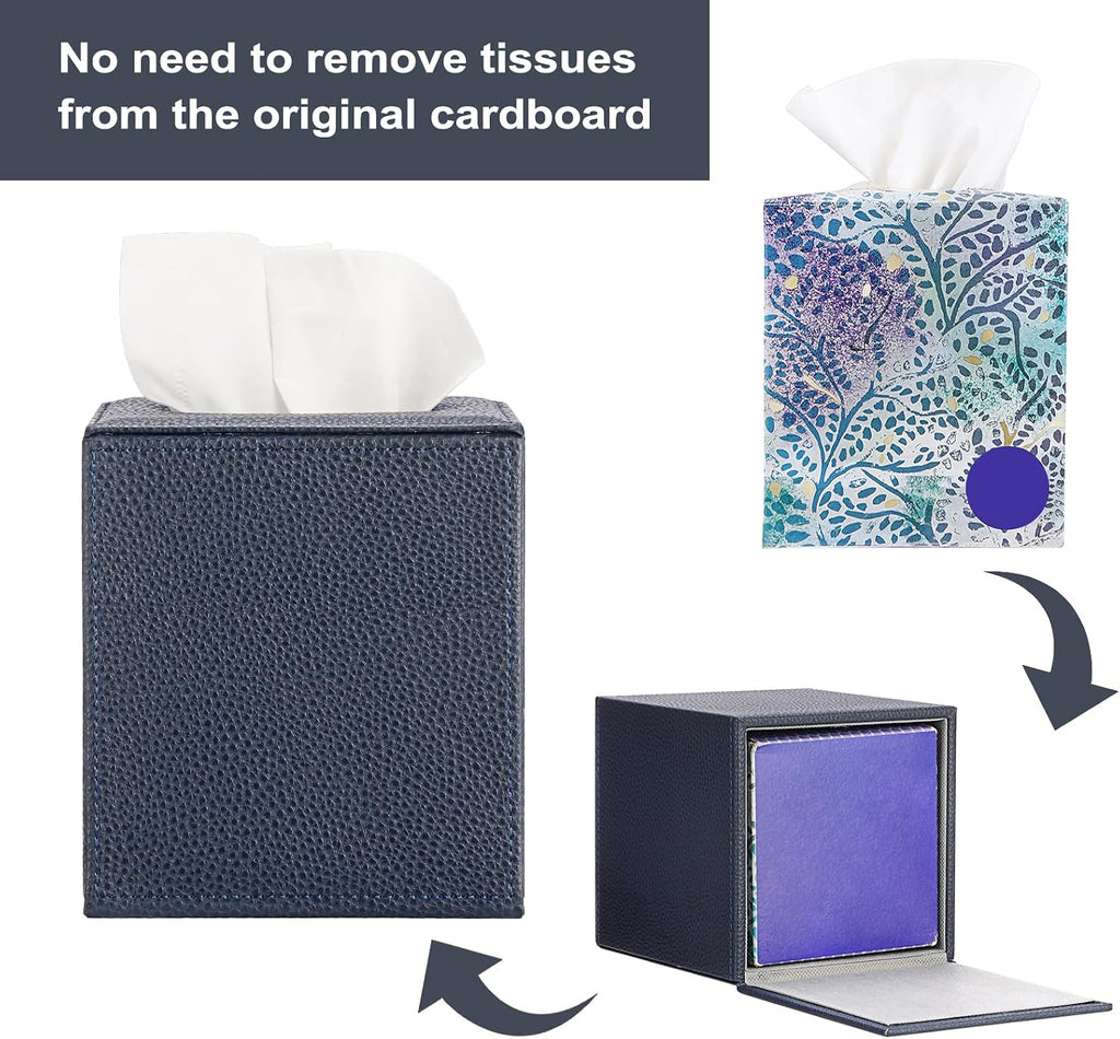 Sumnacon Tissue Box Cover Square,Magnetic Bottom PU Tissue Box Holder,Blue